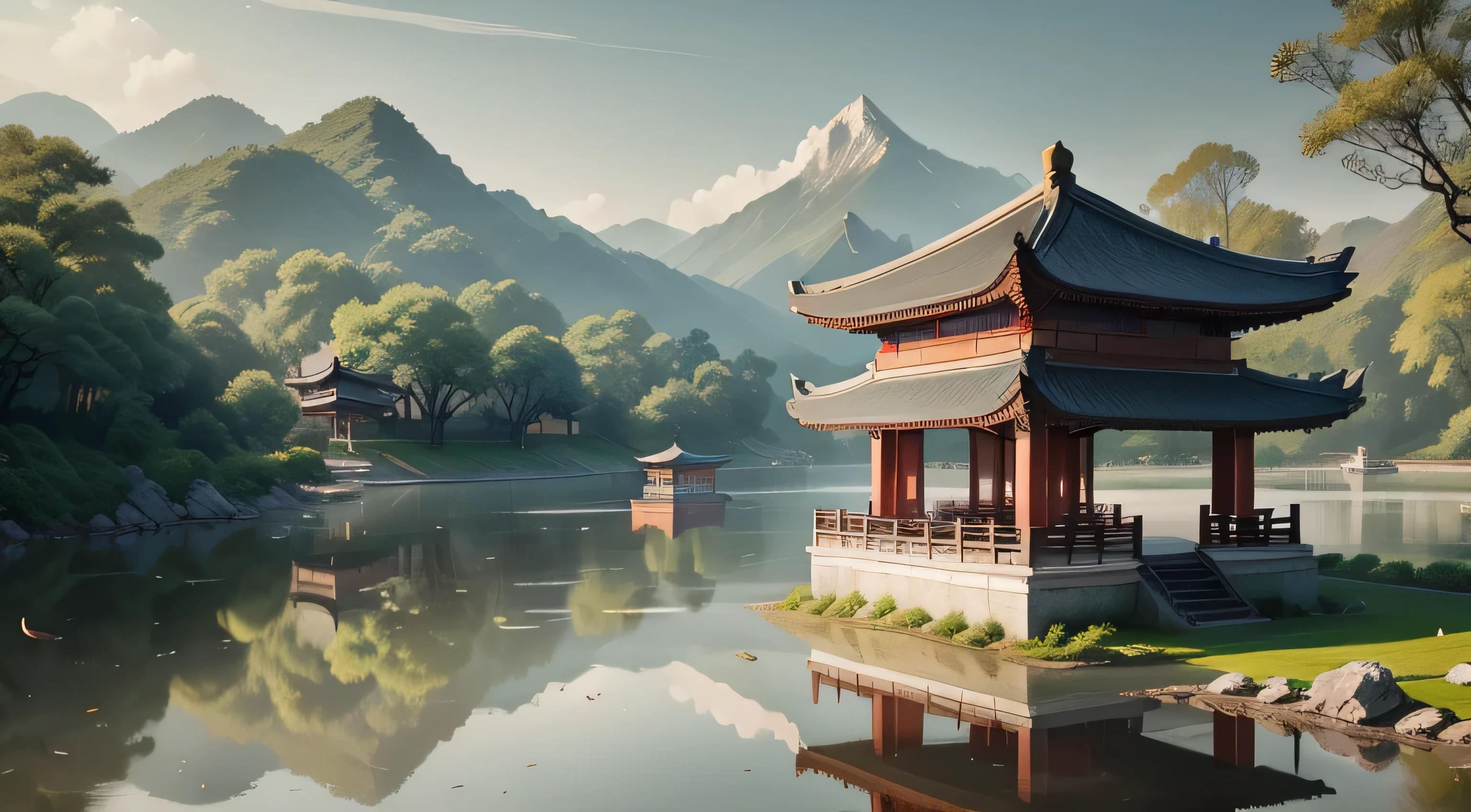 The scenery outside the court，Ancient Chinese traditional ink painting style, Qiantang, Hangzhou, west lake, stone bridge, pavilion, willow, lake water, distant mountains, Baiyun, super wide angle，Ray tracing, great masterpiece, High quality ancient Chinese style, Beautiful scenery, nice photos,Tradition Chinese Ink Painting style,