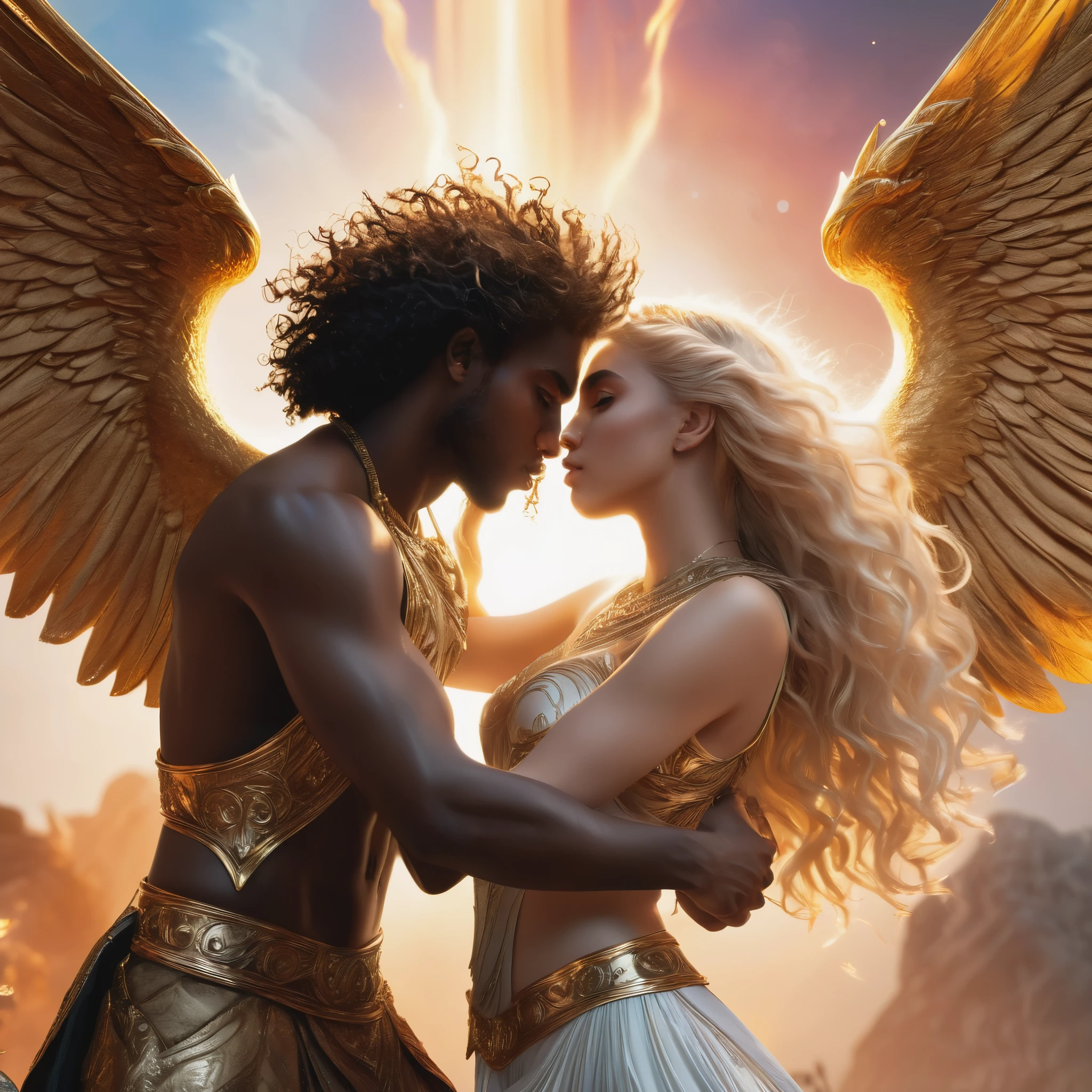 Passionate duo in a celestial landscape, young dark-skinned duo in their 20s, in hell, they are fighting each other, he is a prince of the fallen angels with long curly caramel hair, she is a mixed-race princess, she has freckles, she is blonde with grey eyes, Full body, 8K, extremely detailed, high quality, (photorealistic:1.37), Full body, ideal proportions and defined complexion, meticulously crafted features, unreachable beauty, perfection, breathtaking elegance, g curves, goddess-like figures, divine symmetry, artistic masterpieces, vivid realism, hyper-detailed sculptures, life-like forms, truly awe-inspiring, impeccable craftsmanship, pure radiance, ethereal beauty, delicate contours, striking poses, sublime beauty, subtle nuances, dynamic compositions, vibrant colors, perfect lighting, soulful expressions, celestial aura, majestic presence, dreamlike atmosphere, unmatched gdetailed octane render trending on artstation, 8 k artistic photography, photorealistic concept art, soft natural volumetric cinematic perfect light, chiaroscuro, award - winning photograph, masterpiece, perfect composition, beautiful detailed intricate insanely
