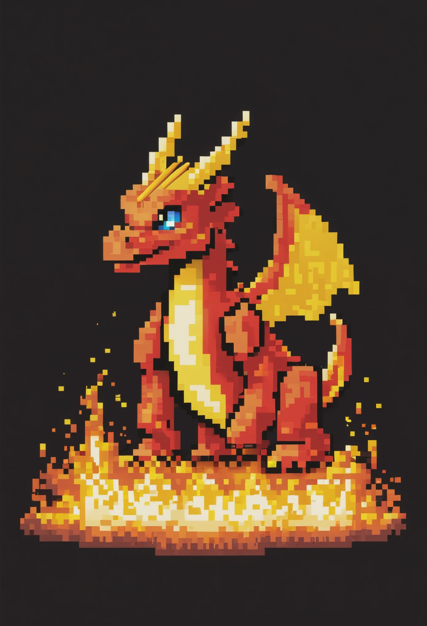 A pixel art dragon (blocky) breathes fire, a video game title in the flames