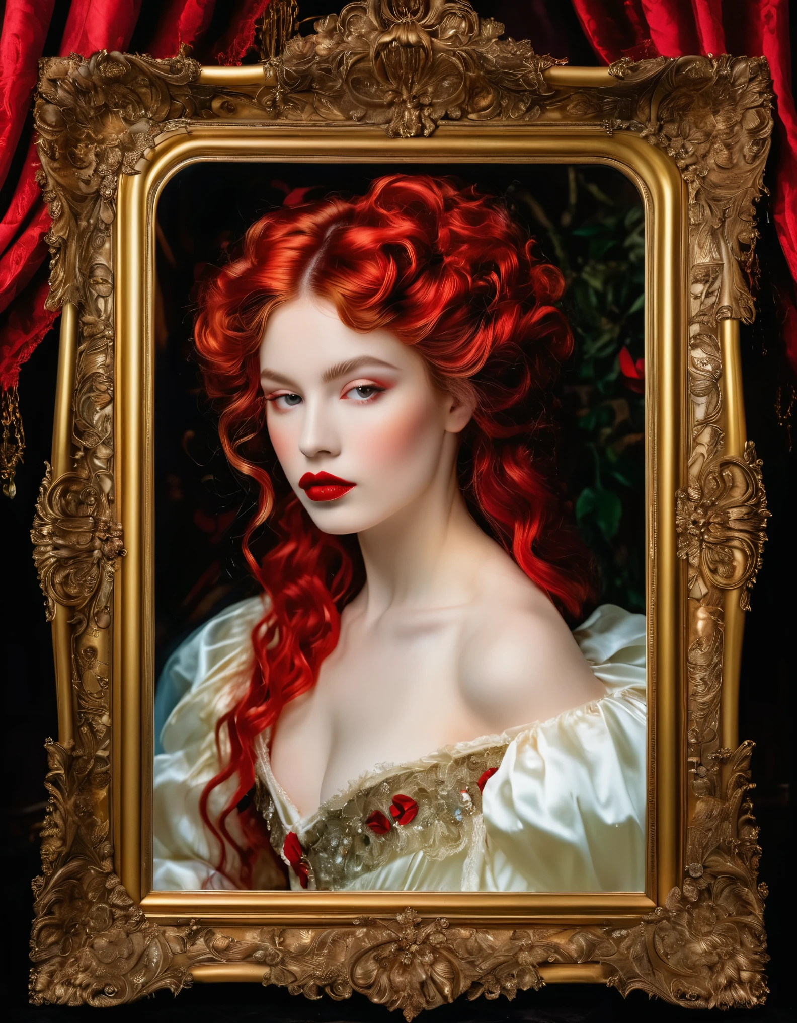 A seductive temptress with porcelain skin and blood-red lips, framed by the opulent trappings of a Victorian parlor. Inspired by Pre-Raphaelite art, her form is ethereal and romantic, with flowing locks and delicate features that evoke the beauty of a bygone era.