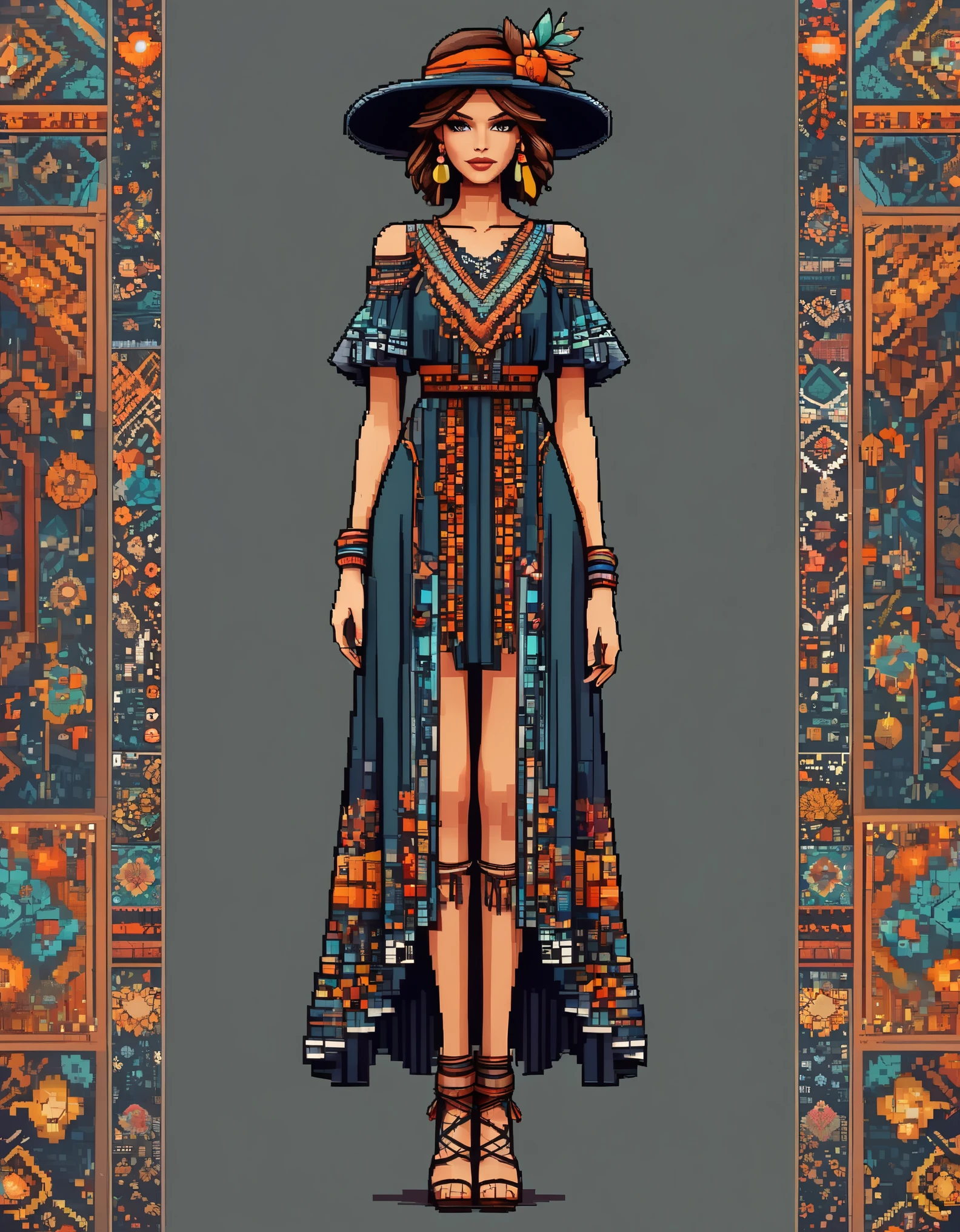 in style of Pixel art, a dress, full body, beautiful detailed，in style of Boho fashion design ,