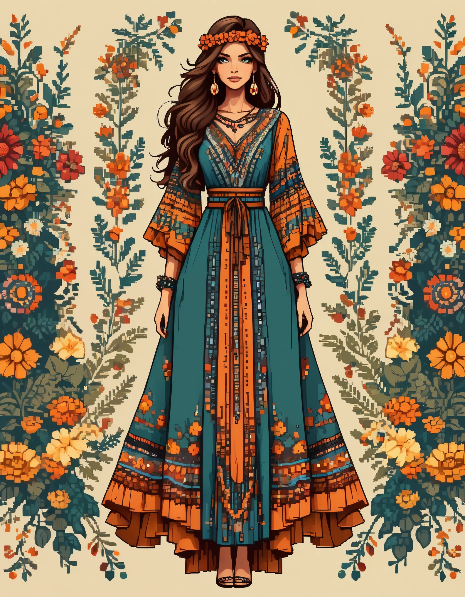 in style of Pixel art, a dress, full body, beautiful detailed，in style of Boho fashion design ,
