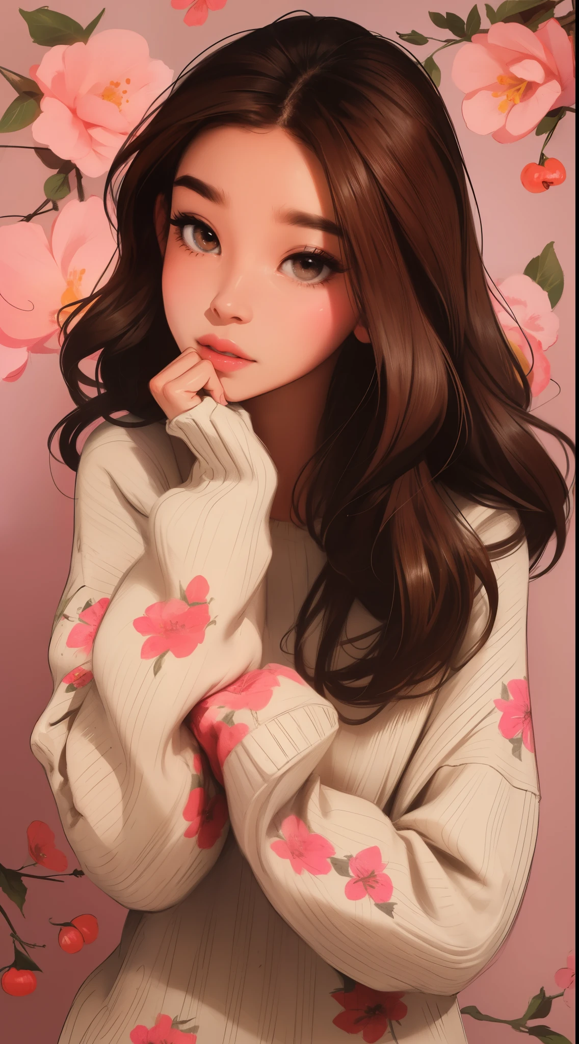 Girl, long brown hair, gray eyes, sharp features, white skin, cherry lips, sweater, floral background