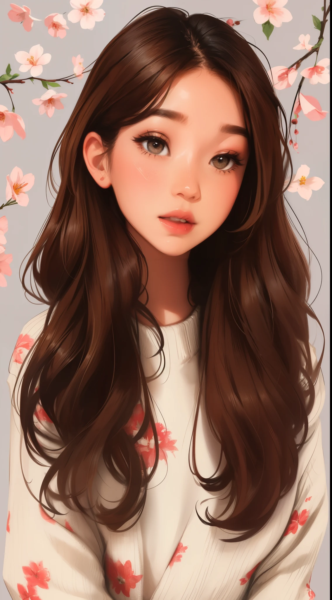 Girl, long brown hair, gray eyes, sharp features, white skin, cherry lips, sweater, floral background