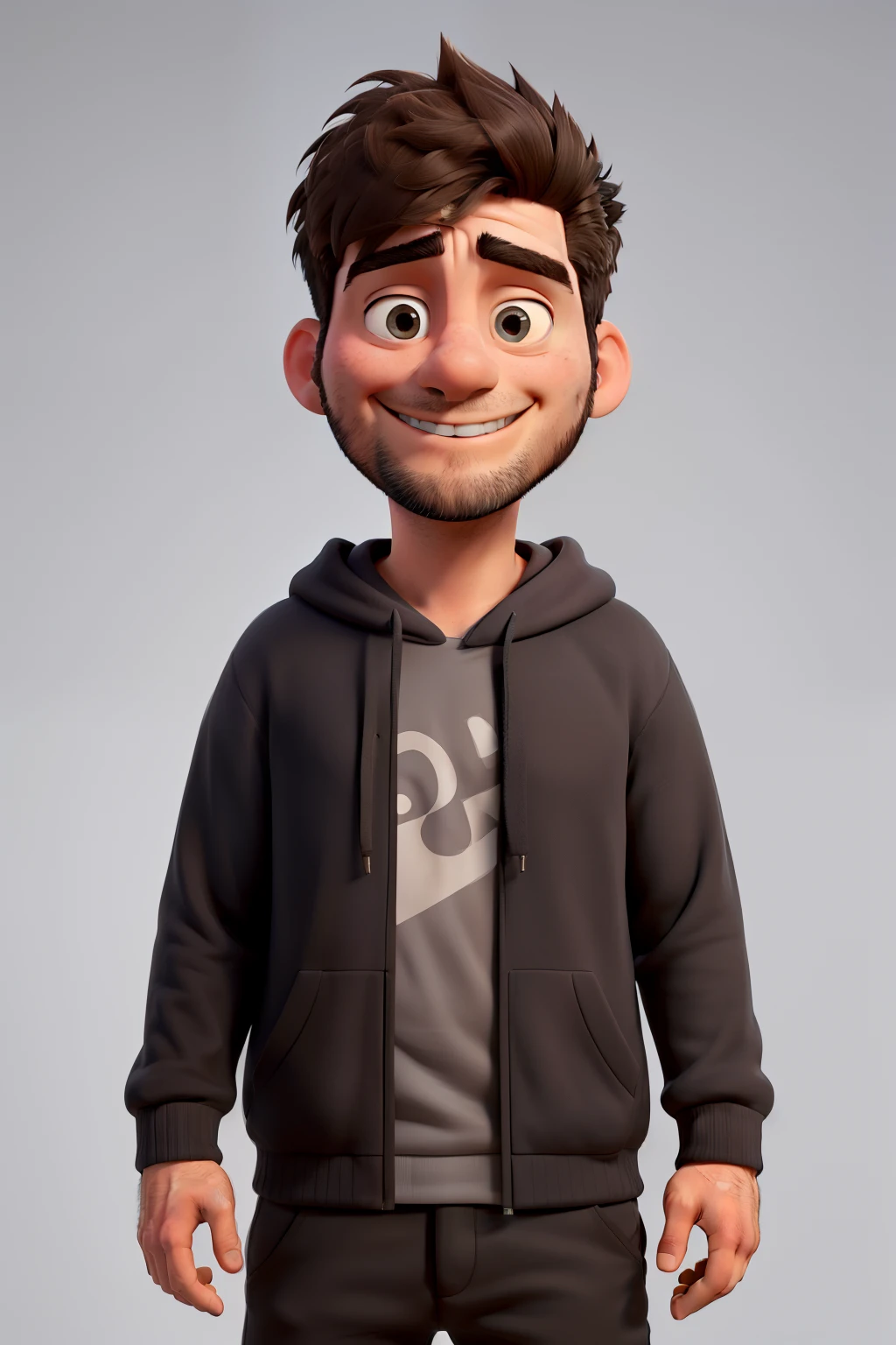 a 33 year old man, stubble, undercut hairstyle, chubby, wearing black hoodie, smiling at the camera