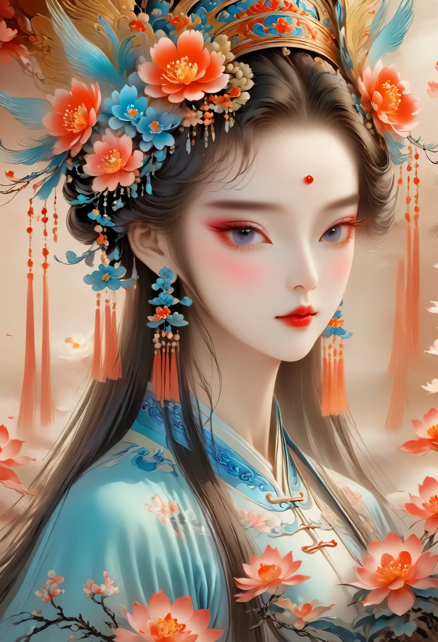 (masterpiece, best quality: 1.2), close-up of a woman wearing a flower headdress, palace, girl in hanfu, beautiful fantasy queen, ancient Chinese princess, ((beautiful fantasy queen)), Chinese princess, Chinese queen, beautiful figure painting, guvitz-style artwork, a beautiful art illustration, guiz, beautiful digital art work, beautiful digital illustration