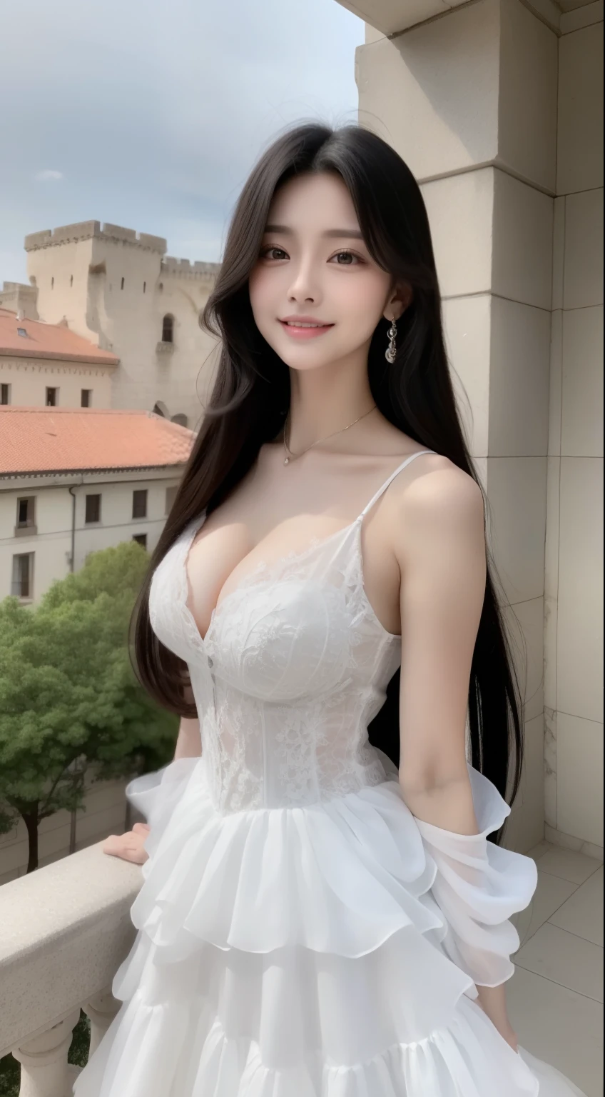 perfect figure beautiful woman:1.4,Layered Hair Style,Protruding cleavage,Black two-dimensional clothing:1.5,Highly Detailed Face and Skin Textur,ssmile, double eyelid,Whiten the skin,long straight hair,playing water,Beautiful woman standing on the balcony of the castle