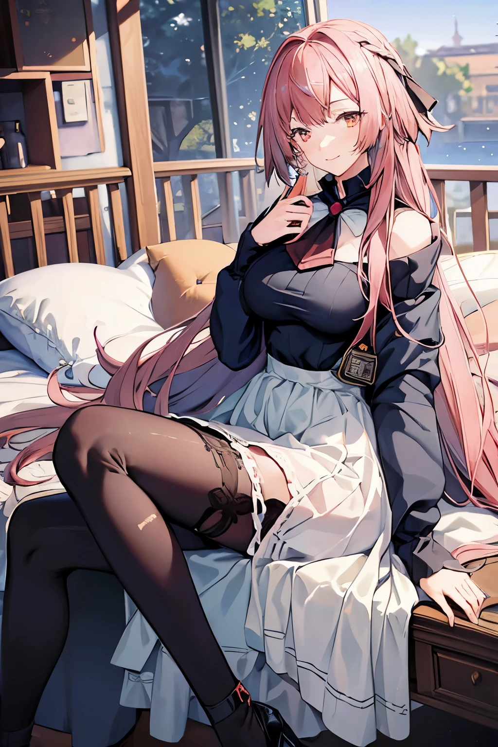 (best quality:1.3), (masterpiece:1.3), (illustration:1.3), (ultra-detailed:1.3), 1girl, solo, pink hair, long hair, orange eyes, thigh strap, long skirt, dress, dress lift, pantyhose, off-shoulder coat, large breasts, light smile, indoors, mature, sitting, bed,