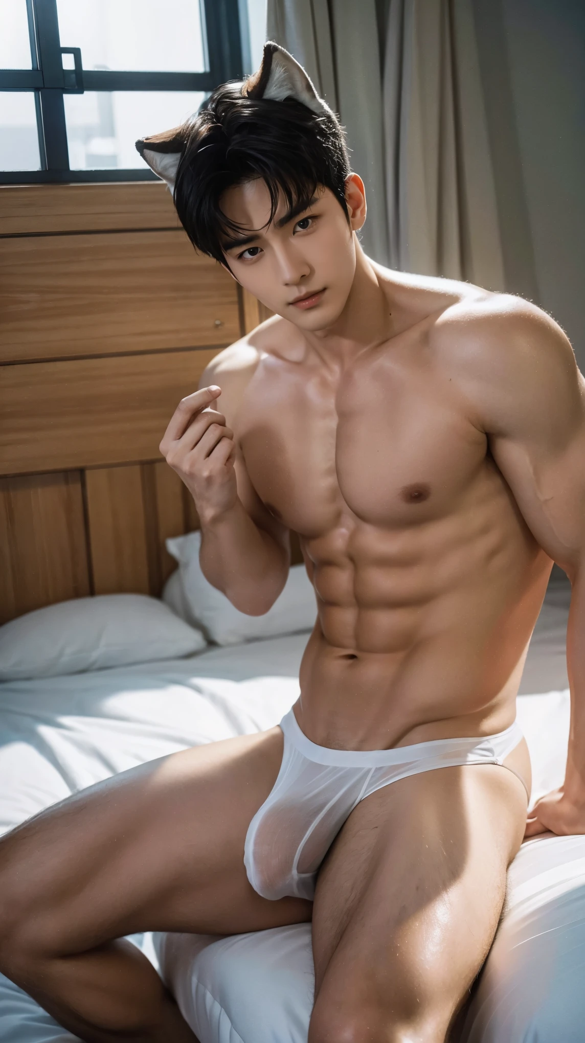 In the captivating image lies a Korean handsome guy, radiating charisma as he proudly showcases his muscular to to build in a full-bodied laying down in bed dynamic poses. Wearing a sexy white bikini that accentuates his physique, he stands amidst the bedroom environment, With an unrivaled attention to detail, this photorealistic portrait embodies the National Geographic style, capturing every nuance of his textured skin in 8k resolution. His features emerge in pristine clarity, from the deep-set eyes to the chiseled jawline, making this image a true masterpiece. The lif, best quality, 8K UHD+, Leica digital SLR camera,he has big white cat ears, he has slim husky body