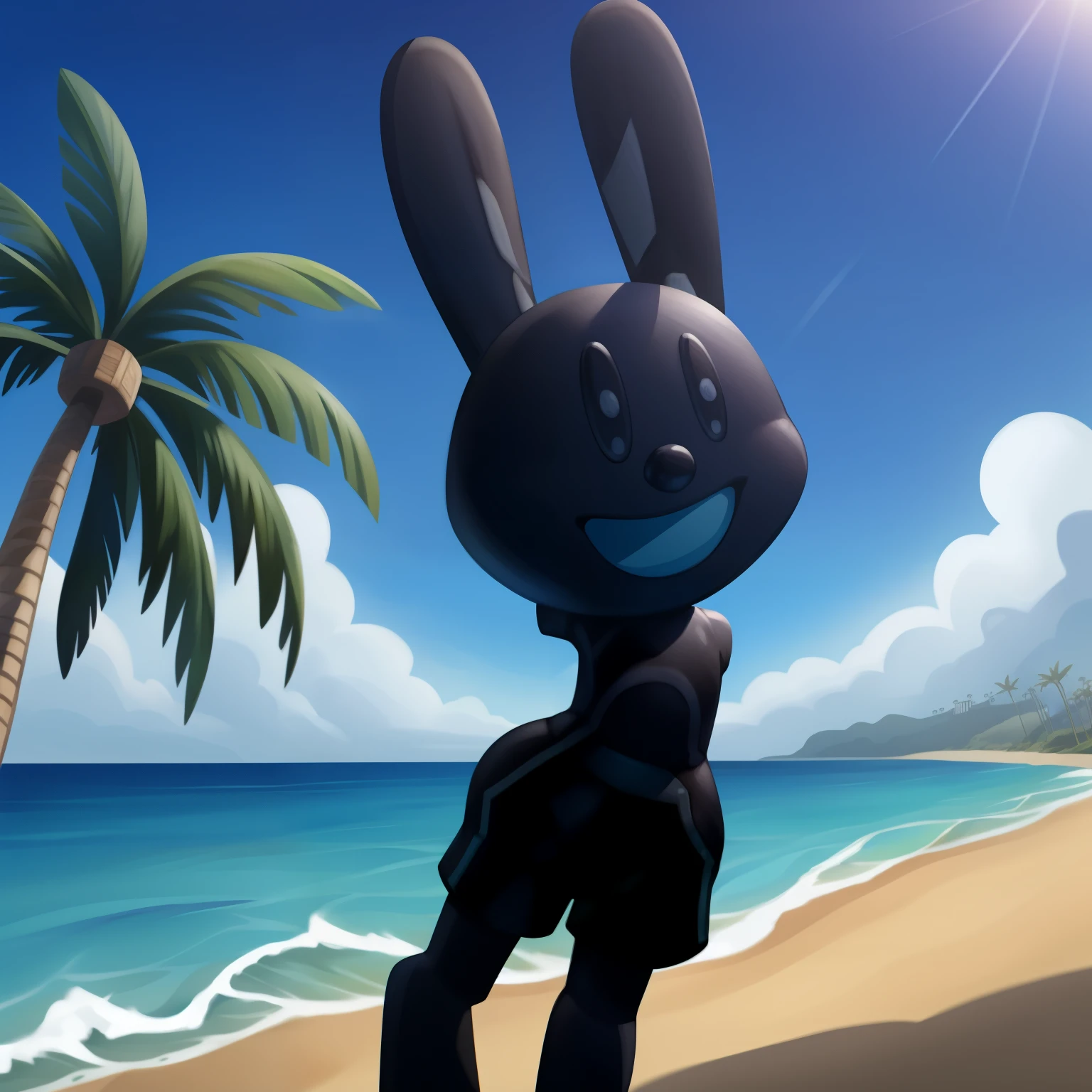 Oswald, armless, missing arms, no arms, black eyes, blue shorts, open smile, big and wide mouth, agape, white polka dots on ears, staring at the viewer, full body, enjoying the place, dynamic angle, beach background, detailed art, palm trees, intricate details