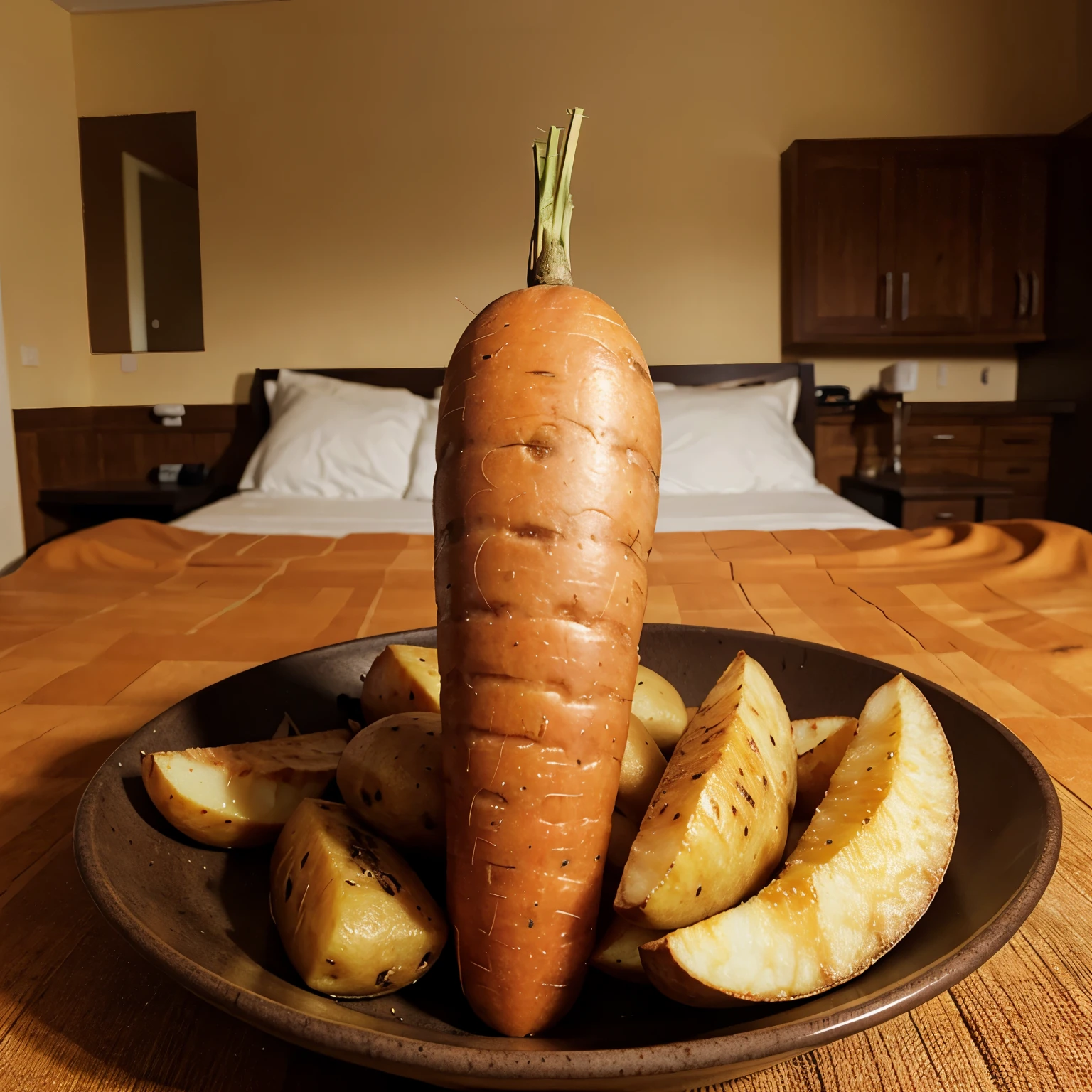 A carrot that is eating potatoes
