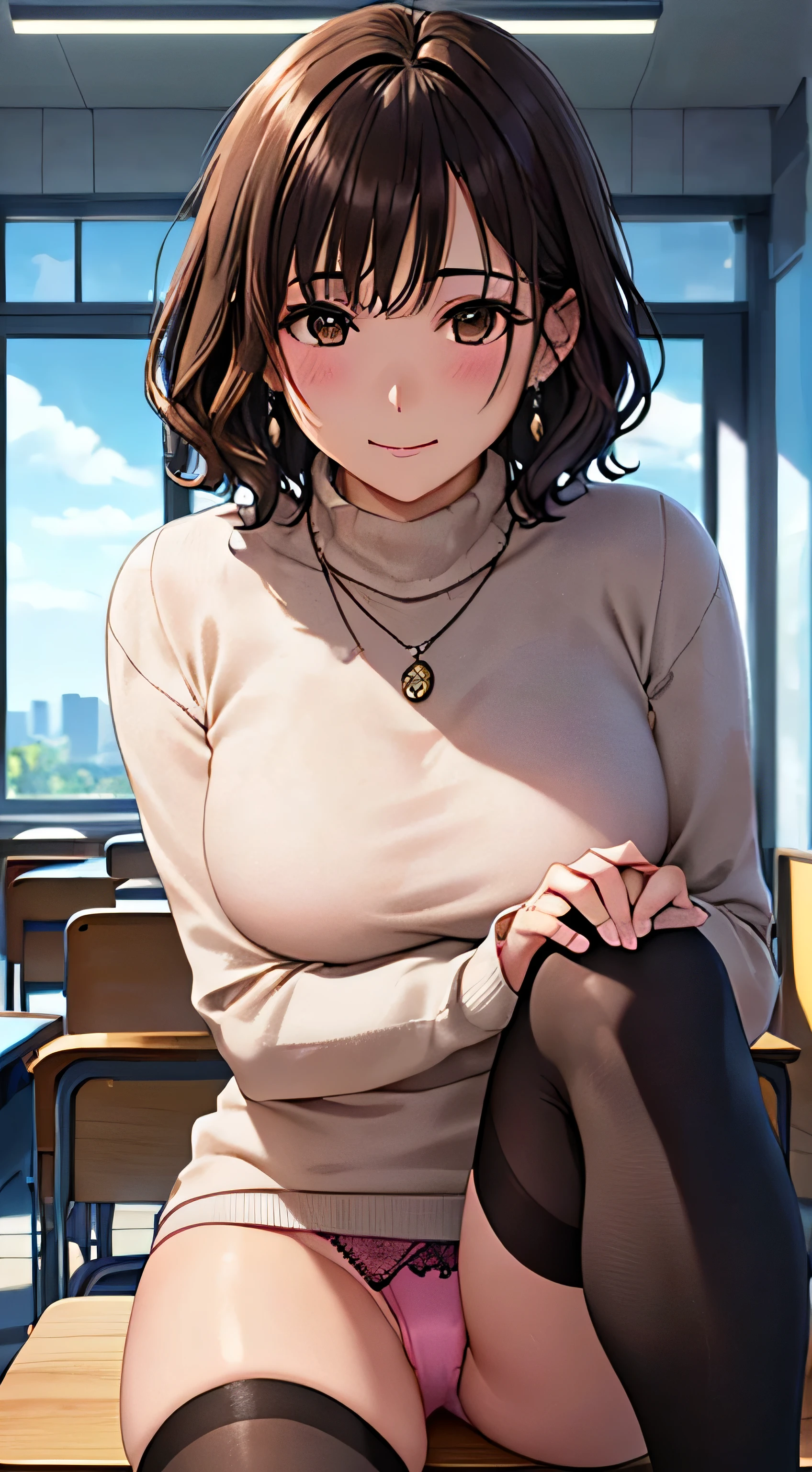 (table top, highest quality, High resolution, , perfect pixel, 4k,), 1 girl, single, alone, Beautiful woman、I could see the whole body、 ((wavy short hair, bangs, brown hair)), ((brown eyes, beautiful eyelashes, realistic eyes)), ((detailed face, blush:1.2)), ((smooth texture:0.75, realistic texture:0.65, realistic:1.1, Anime CG style)), medium breasts, dynamic angle, perfect body, ((, female teacher, , earrings、necklace、turtleneck sweater、、black knee high stockings、open both legs wide、open both knees、、shy smile、sleep on your back on a desk in the classroom、touch your chest with both hands)), Upper grade、、、evening、、(pink lace panties are visible、、、)、