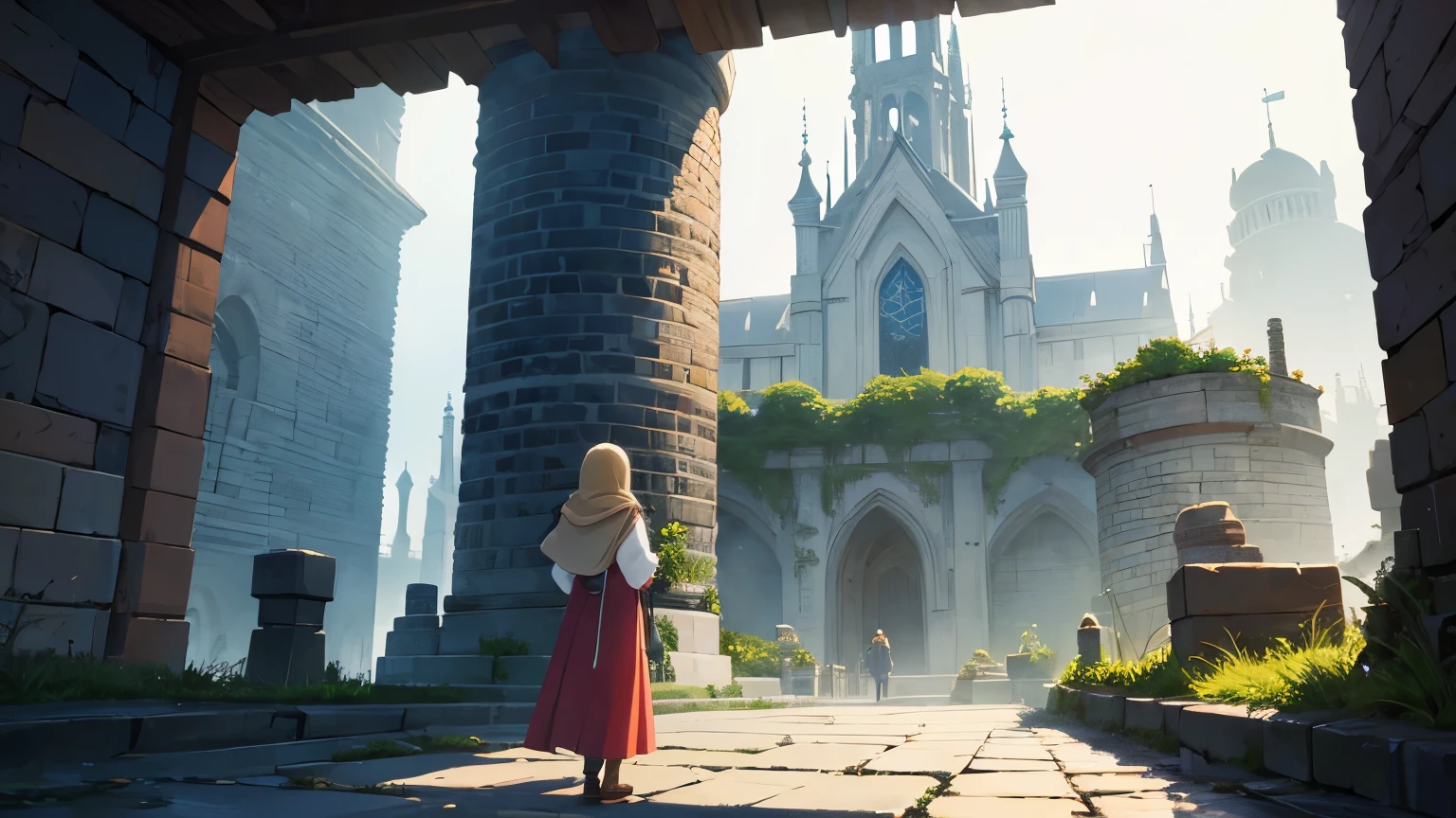 (Top Quality, Masterpiece: 1.3) medival town, ghibli style, landscape, bridges, massive wall, tall towers