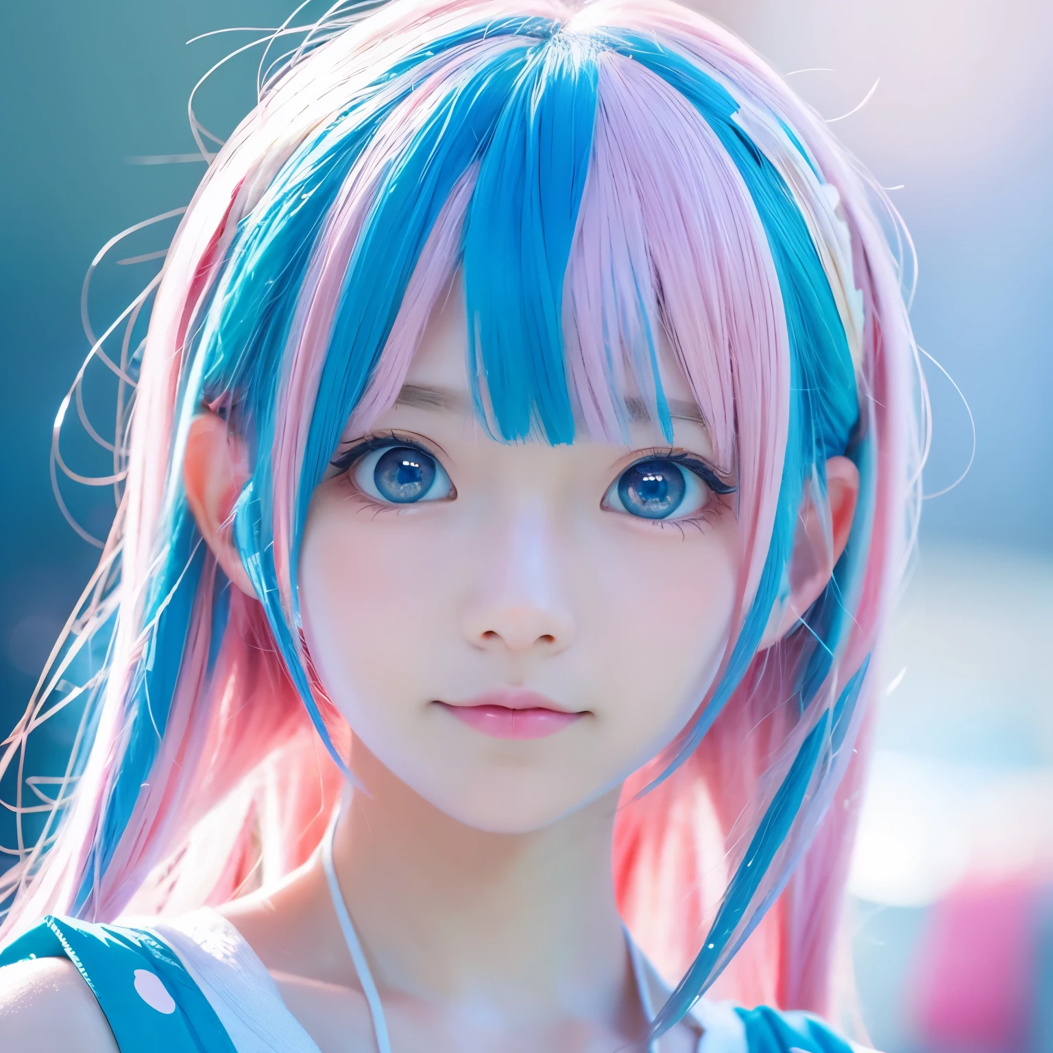 Two-dimensional anime style cute light blue and pink hair girl