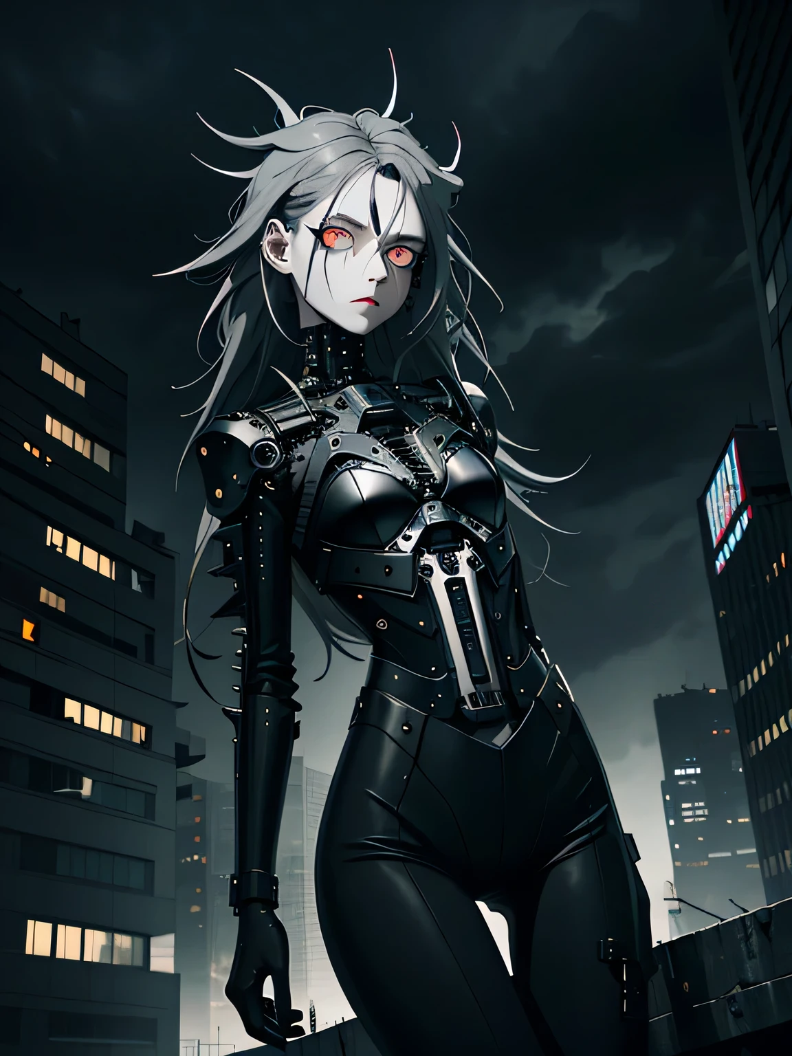 Dark modernist art, knee length portrait, mechanical girl, black eyes, black sclera, (dark black gray sclera), mechanical eyes, ashen skin, gray skin, sharp helmet, (gray hair), ((long messy hair)), dark modernistic landscapes, steel beams, on high, cloudy sky, gloomy sky, pale green and gray steel lights, highly detailed art, many details