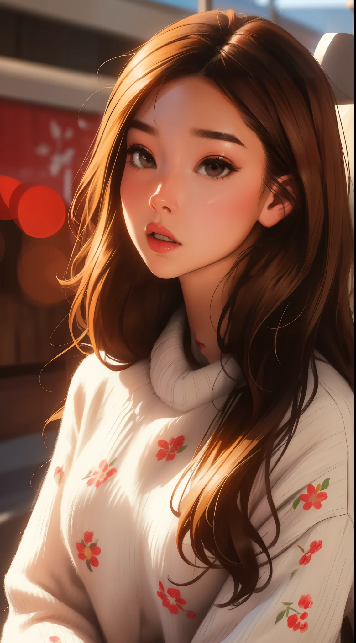 Girl, long brown hair, gray eyes, sharp features, white skin, cherry lips, sweater, floral background