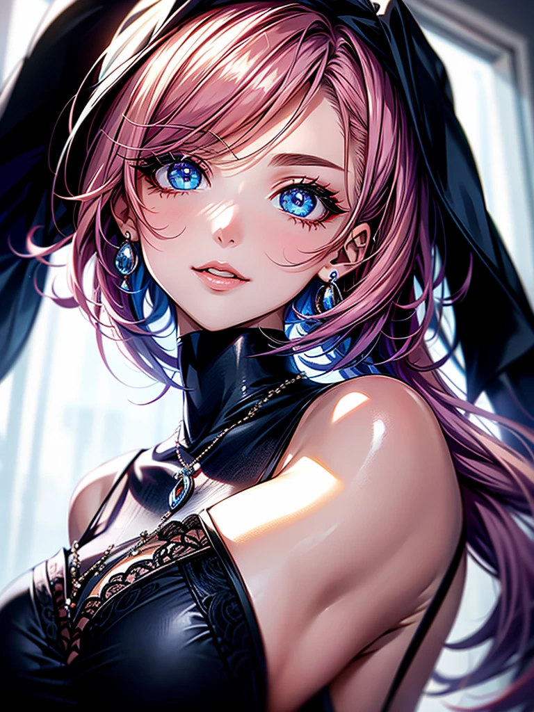 The image depicts a stunning masterpiece of the highest quality. A young woman sits close to a window, sporting an emo-inspired look. Her short, red hair gives her a unique and cute appearance, while her blue eyes are captivatingly beautiful. She is not wearing any clothes, creating a sensual atmosphere. The woman's eyes are practically glowing and beautifully detailed. Her style is stylish, and she wears piercings that accentuate her rebellious charm. Despite her emo-inspired aesthetic, she appears happy and a bit cheeky, perhaps even mischievous or smug. She wears earrings and a necklace, adding an extra touch to her look. The image is presented in stunning 8k resolution, highlighting every single detail sharply and clearly. The wall in the background adds a cool and casual touch that complements the character of the woman. Her defined abdomen gives her a sexy allure, while she feels cozy and relaxed. This masterpiece embodies realism and hyperrealism at the highest level, with the woman's beautiful and detailed eyes taking center stage.
