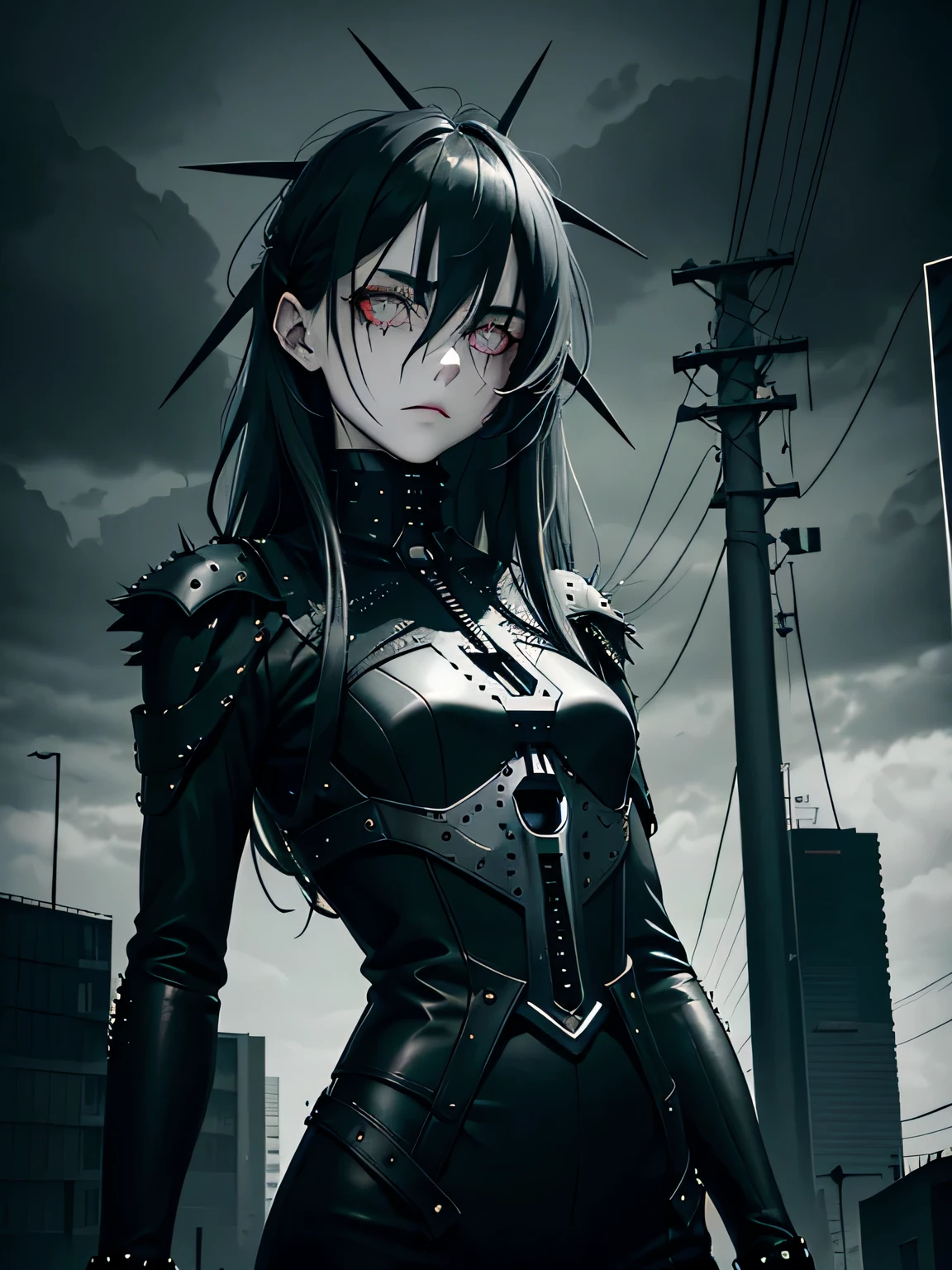 Dark modernist art, knee length portrait, mechanical girl, black eyes, black sclera, (dark black gray sclera), mechanical eyes, ashen skin, gray skin, sharp helmet, (gray hair), ((long messy hair)), dark modernistic landscapes, steel beams, on high, cloudy sky, gloomy sky, pale green and gray steel lights, highly detailed art, many details