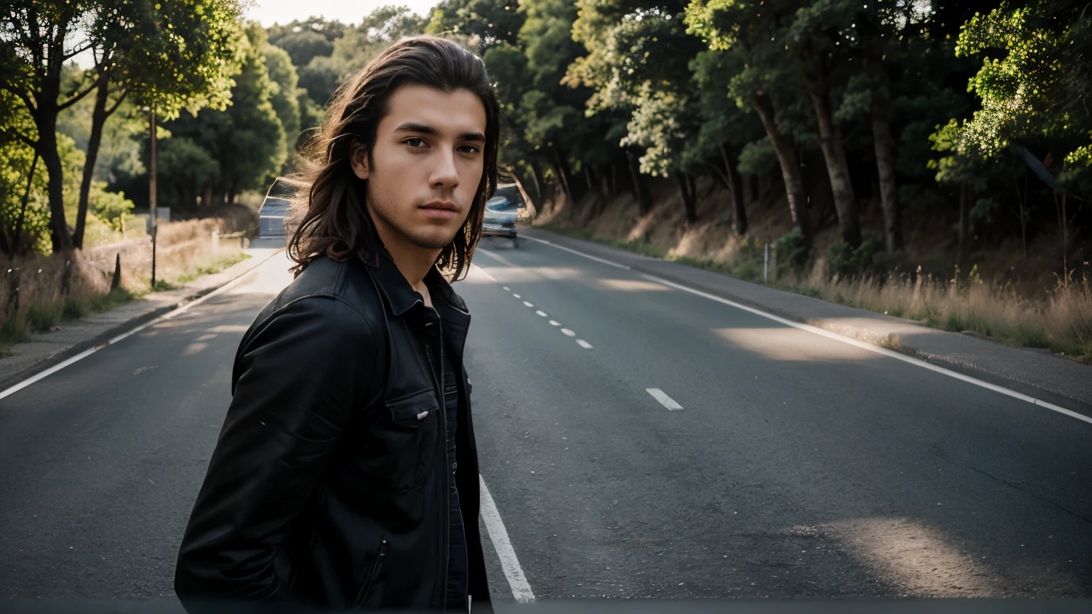 Portada de libro, Photography, realista, hombre joven con pelo largo, caminando por una carretera solitaria