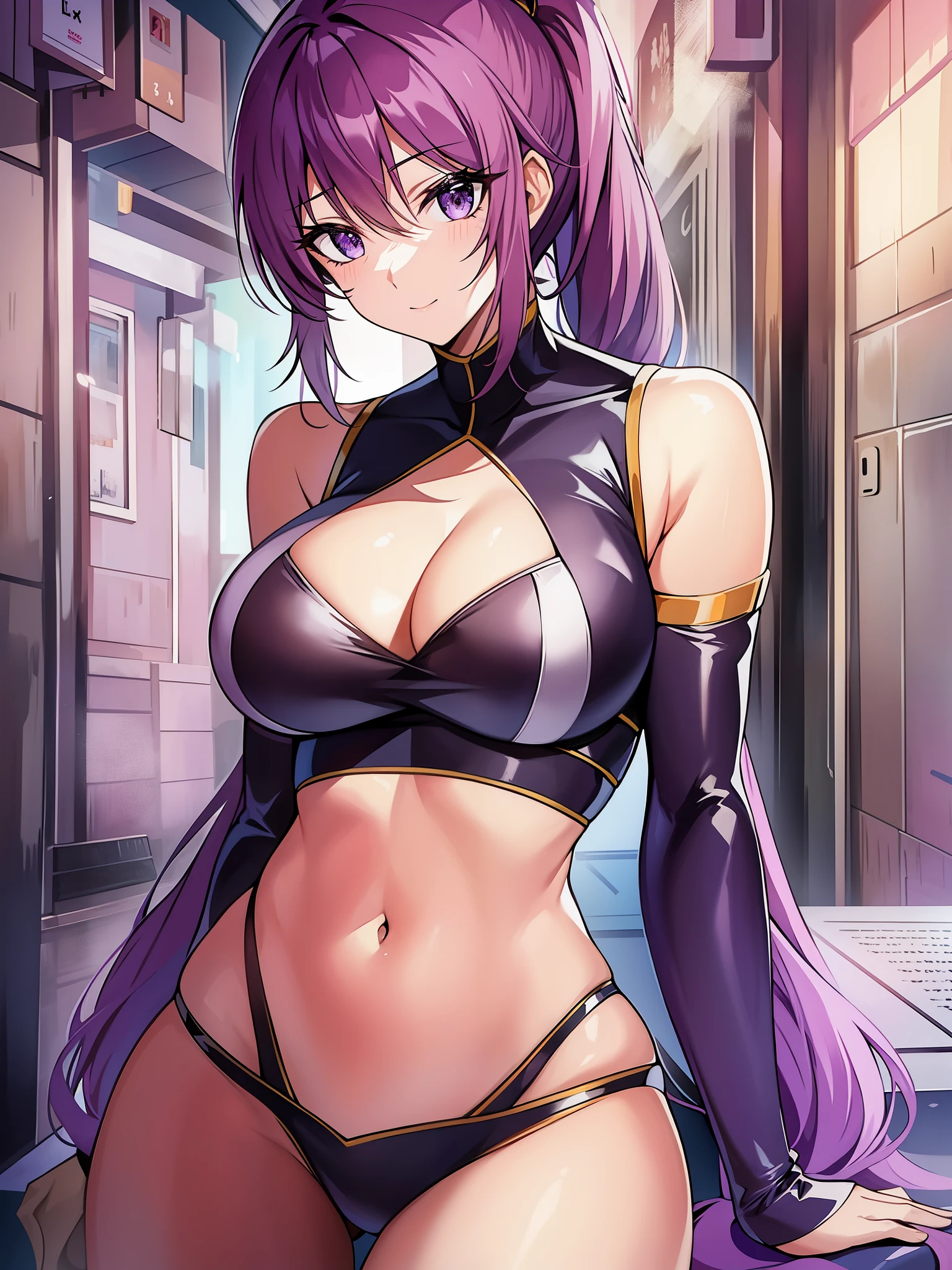 masterpiece、best quality、Super detailed、shining light沢、shining light、Ray tracing、HDR、Depth of the bounds written、(perfect face、detailed face)、Cayablanche、purple eyes、long hair tied low、ponytail、face mark、black bodysuit、elbow bag、center space、cleavage、hip vent、(Thigh cut 1.2)、belly button、standing、outdoor