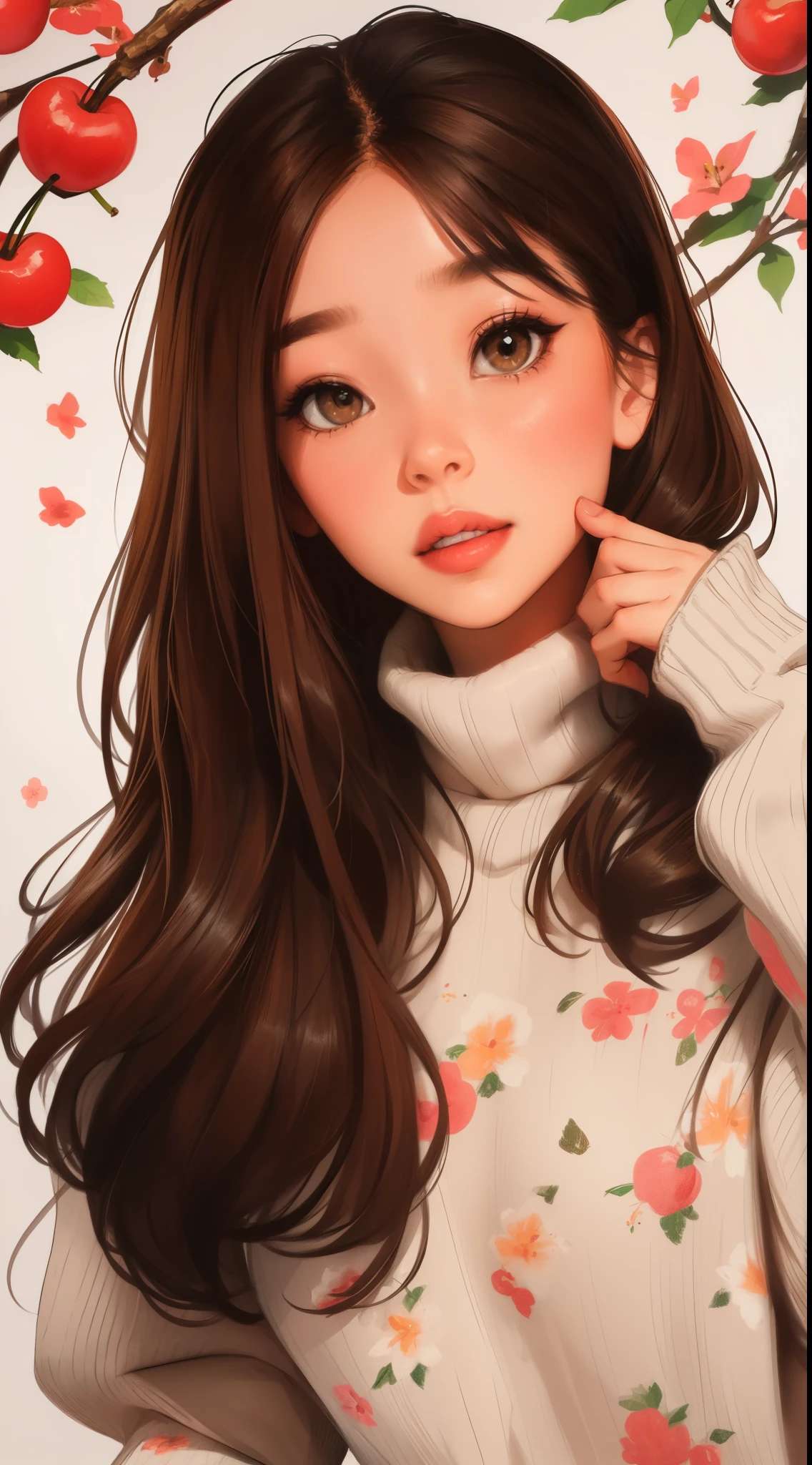 Girl, long brown hair, gray eyes, sharp features, white skin, cherry lips, sweater, floral background