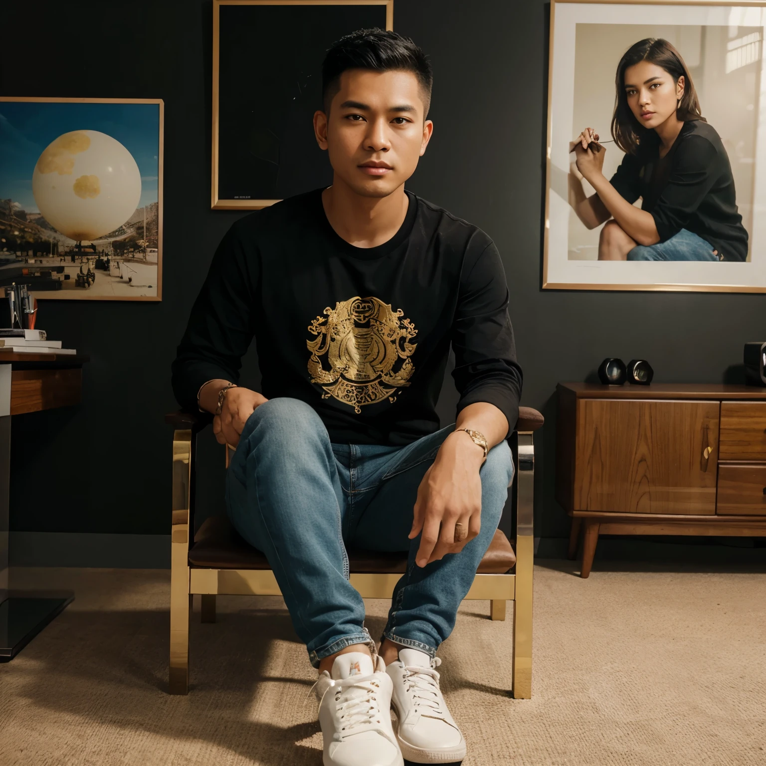 Ultra realistic HD 4K airbrush oil illustration full of shiny colors, depicting an Indonesian man with under cut hair, wearing a black long-sleeved shirt, jeans, sneakers, sitting facing forward in a luxurious black to gold chair, decorated with art posters on the wall has the words "toha muhlisin". The artwork emphasizes realistic details that capture the essence of his business influences and accomplishments. workplace room background. The resulting image is very detailed.