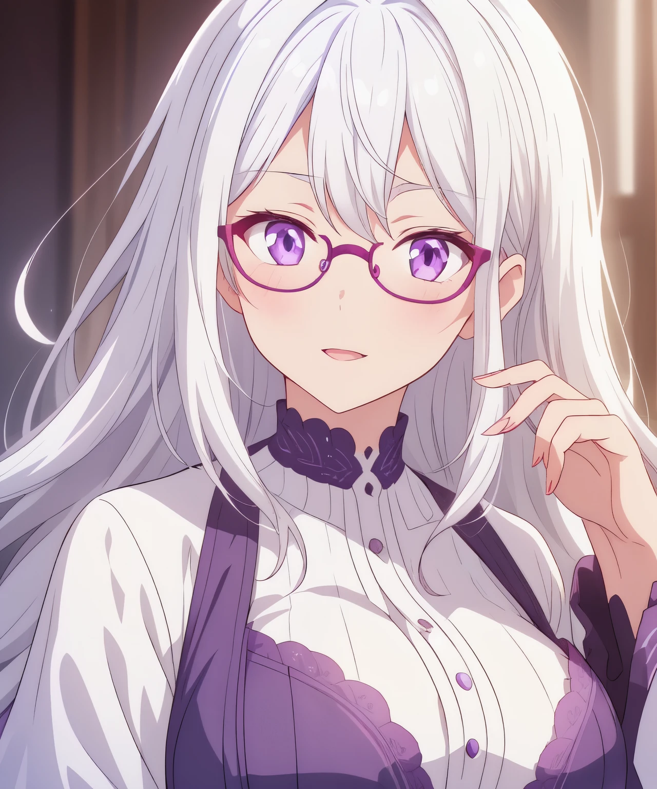 white hair, purple eyes, cute, female, beautiful, wears glasses