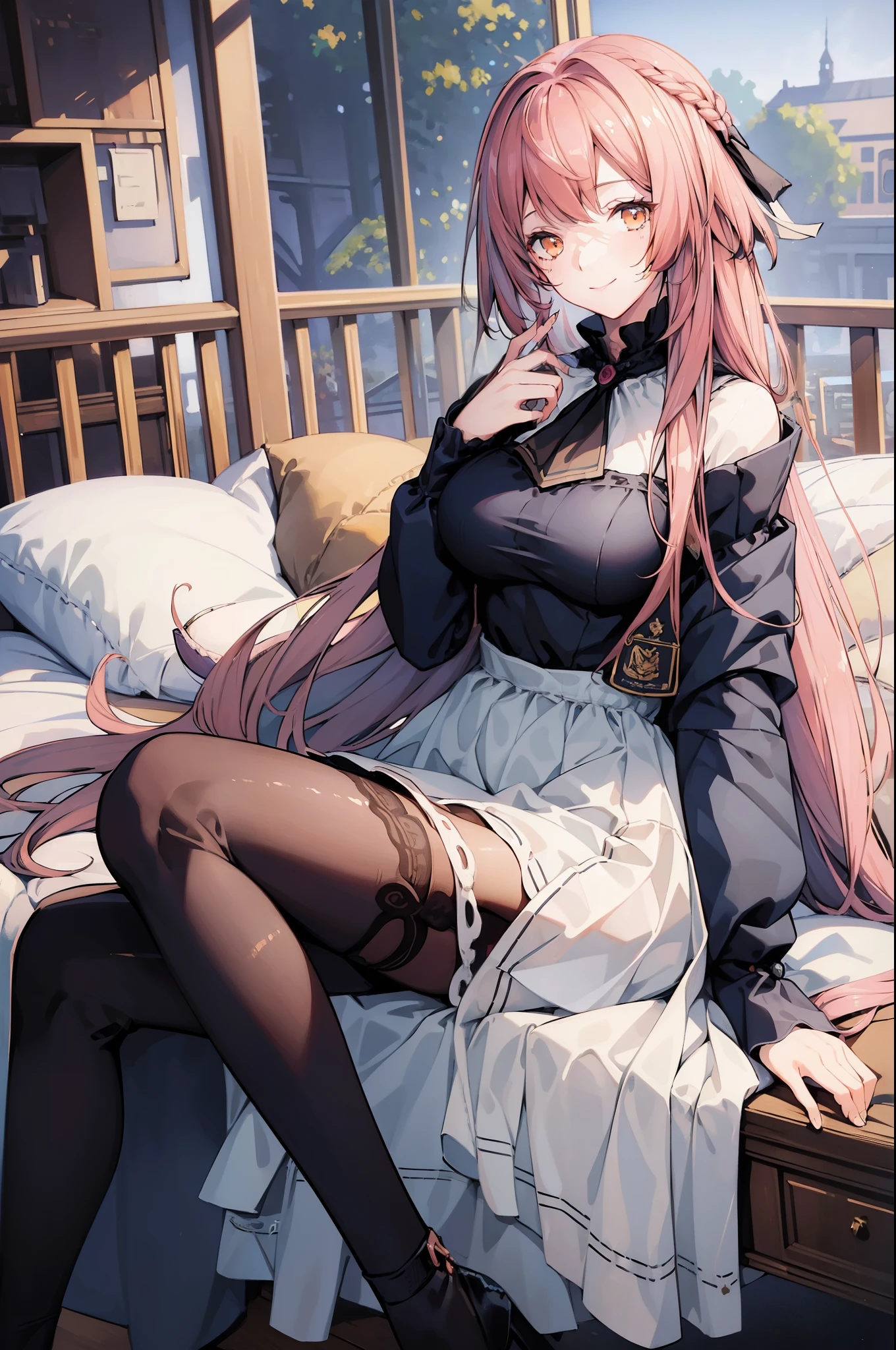 A beautiful girl, sweet, full body photo, flesh-colored lace, pink long hair, closed moon shame flower, overwhelmed by the country, incomparably beautiful, black stockings, blue eyes, full body portrait, close-up, high heels, full body portrait, lying on the bed, blue gauze skirt, delicate facial features, perfect body, messy pink long hair, moaning, seductive, bare shoulders, holding a wine glass