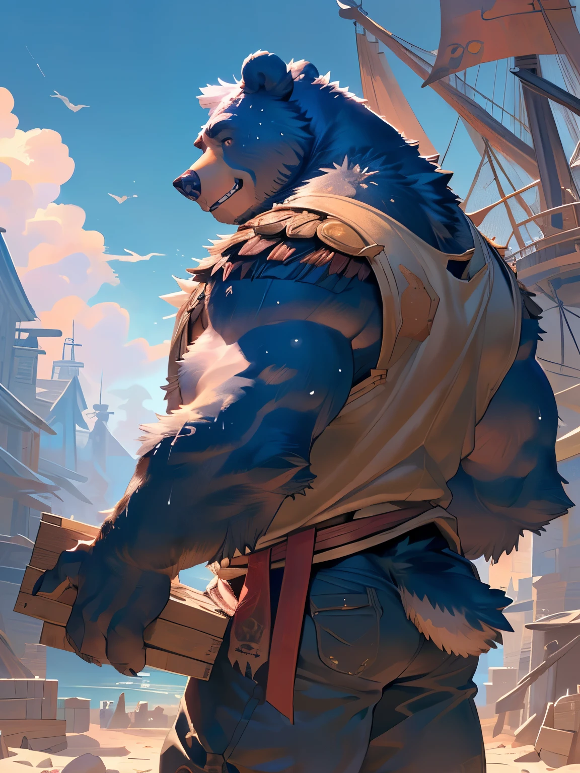 (detailed background:1.2),(sky,cloud,ship,flyingcraft, pirate gang ,torn costume, few sweat),(rewarding, masterpiece ,best quality ,high quality, shaded, 8K, impactful composition ,close look),(kemono,furry,anthro),(by darkgem, by sindenbock, by taran fiddler, by burnbuckie, by nezumi, by sindoll),(anthro bear male with giant build , muscular, daddy, fluffy body:1.4),(from_below, foreshortening, close-up,fashion pose,correct hand,(bend over, carrying a large wooden packing box on back, looking back),(grin, confident)