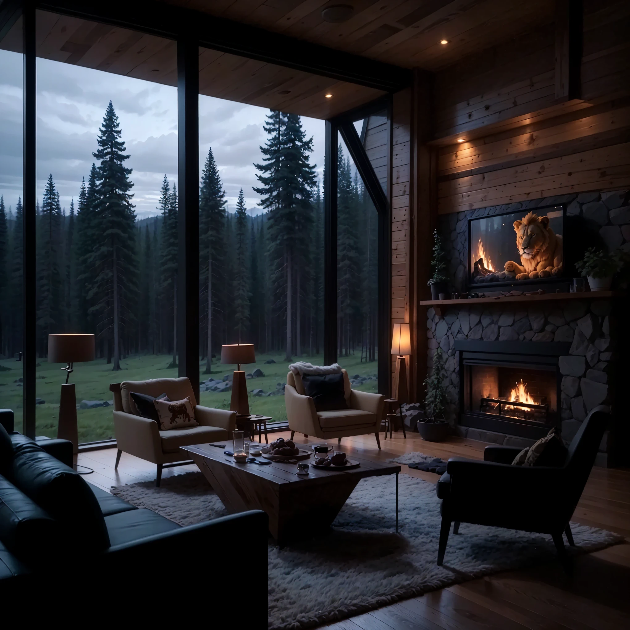 THIS EVENING WOODEN CABIN LIVING ROOM ANIME BACKGROUND, (COZY ATMOSPHERE), (SUBTLE LIGHTING), BRIGHT STONE FIREPLACE FIRE, LIONSKIN RUG THIS EVENING BEST QUALITY, TRANSPARENT GLASS WINDOWS