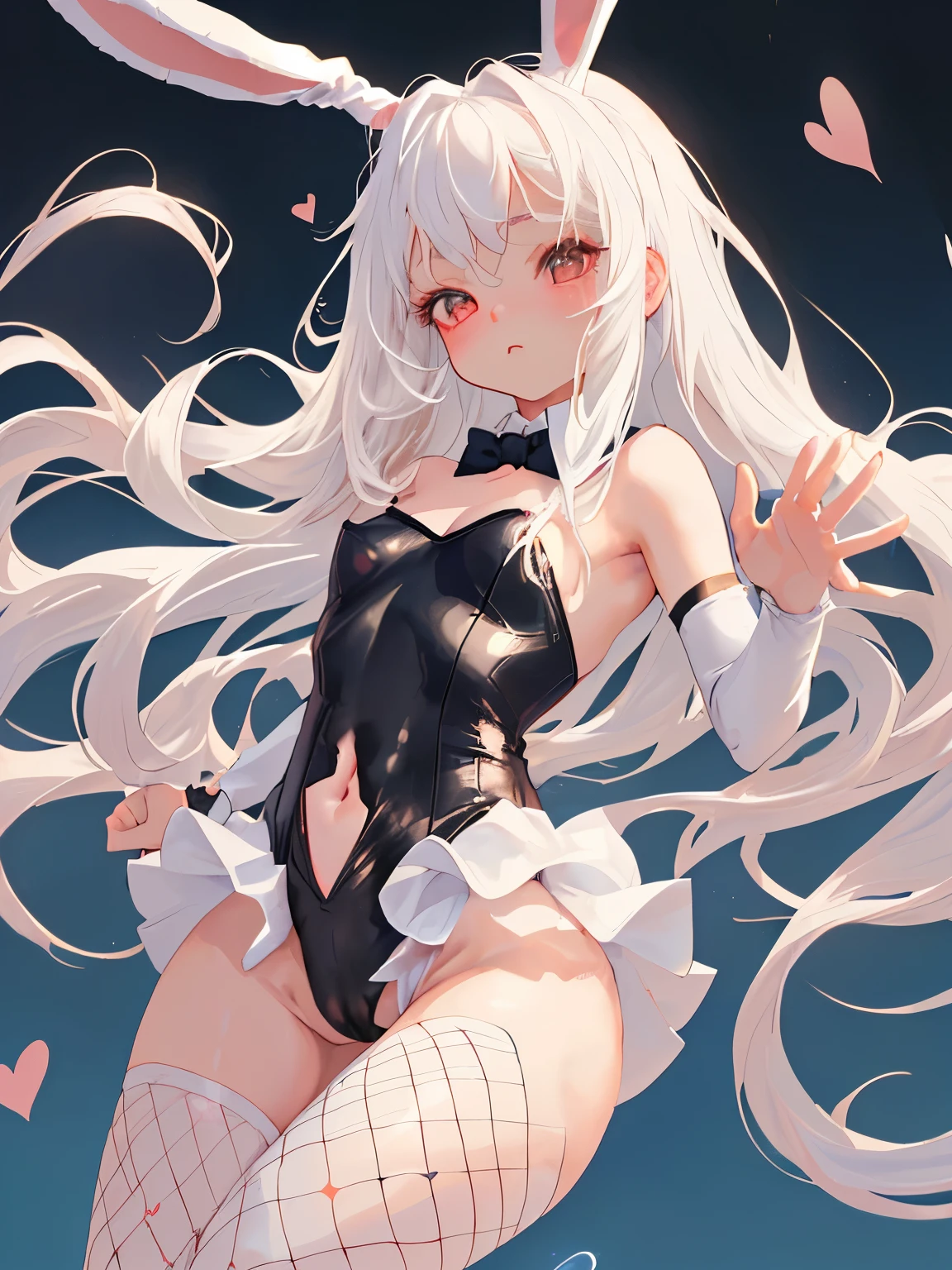 cute girl, ((leotard)),(Bunny girl),long hair,white hair, heart hands,Fishnet tights,face forces ,((Navel exposed)),small breasts ,