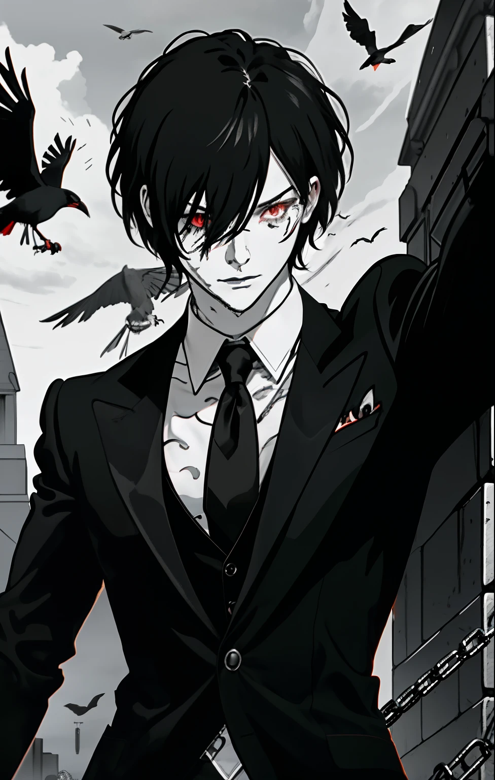 masterpiece, best quality, high quality, 1boy, solo, male focus, looking at viewer, upper body, black hair, hair_over_one_eye, scar, (red eyes, glowing eyes, glow eyeangastyle, grey background, (b&w), classic, realistic beautiful eyes, (black and white), bird, crow, chain, villain, darkness, dynamic poses, dynamic pose, butler