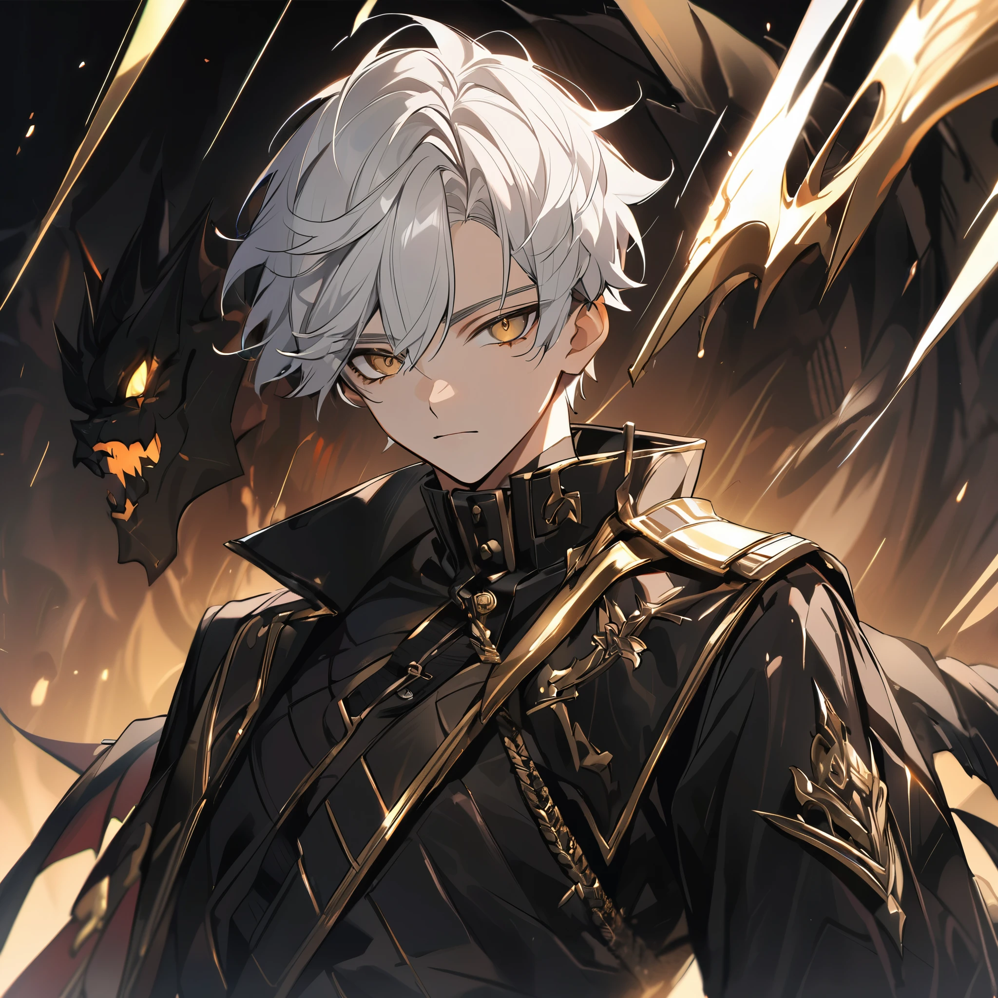 High quality, handsome male, 1male, 17 years old, teenager, golden lining, short white hair, flat cut hair, sharp eyes, gold eyes, devil may cry, close up, calm expression, stoic, black leather clothes, black jacket, upper body, looking at viewer, cowboy shot, black dragon background