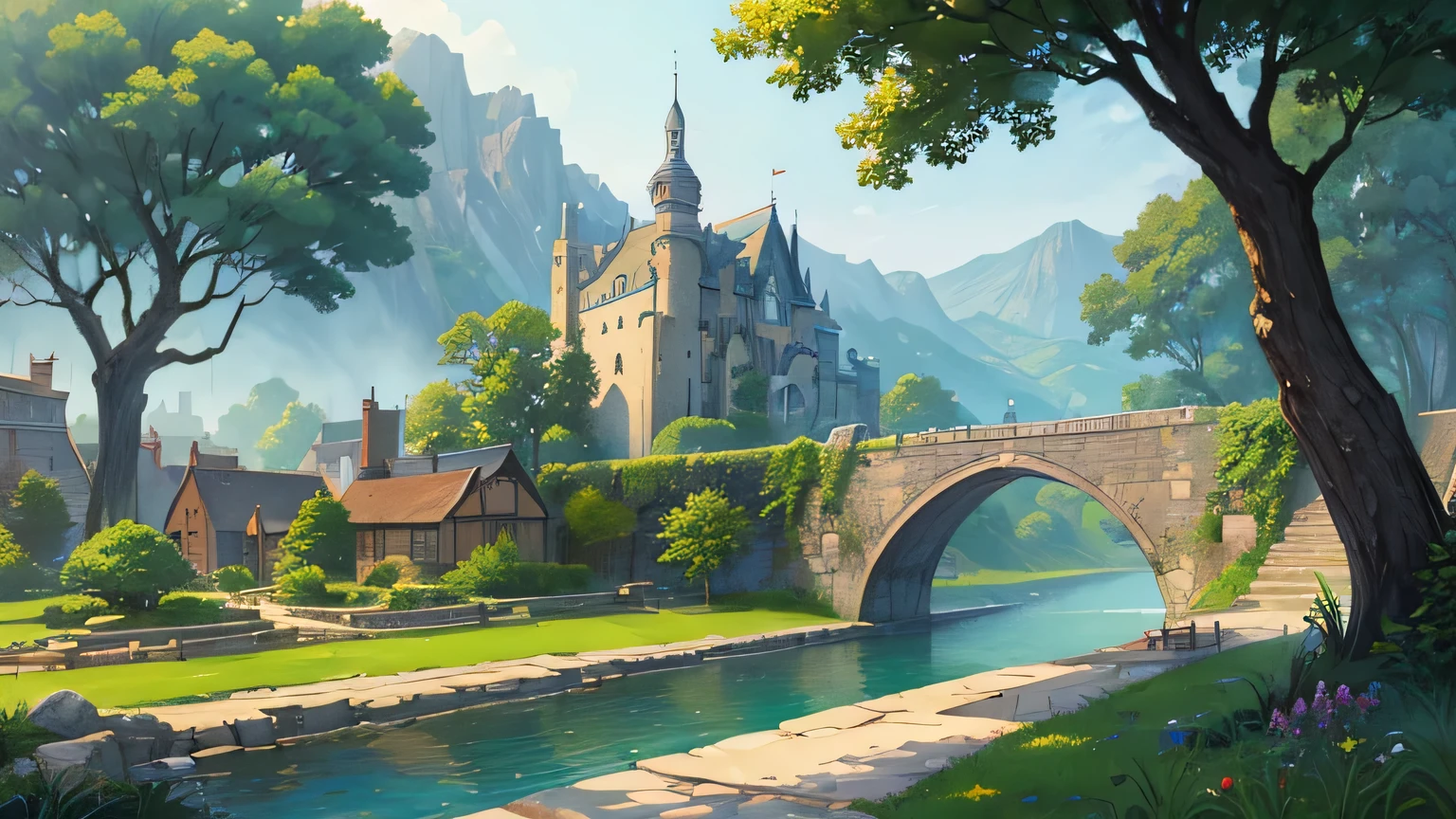 (Top Quality, Masterpiece: 1.3) medival town, ghibli style, landscape, bridges, massive wall, tall towers