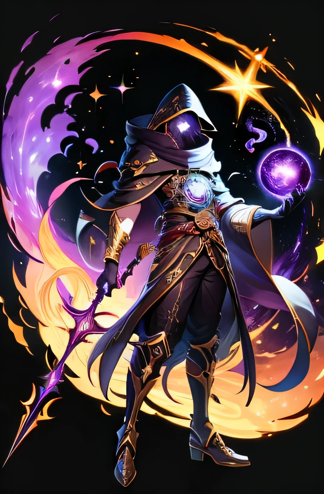 1 mature man, full body, confident anime smile, a normal nose, with slightly haft colored Solar gold hair in the left side, and colored galaxy void from the right side, left eye is colored solar golden, while the right eye is colored galaxy void, wearing haft solar and haft galaxy made cloak hood, leggings, helmet, holding a solar pointed and flared spear from his left hand, and holding a galaxy void and dark scythe from his right hand, floating from space right behind the universe, very anime like image, 4k, masterpiece, looking at viewer