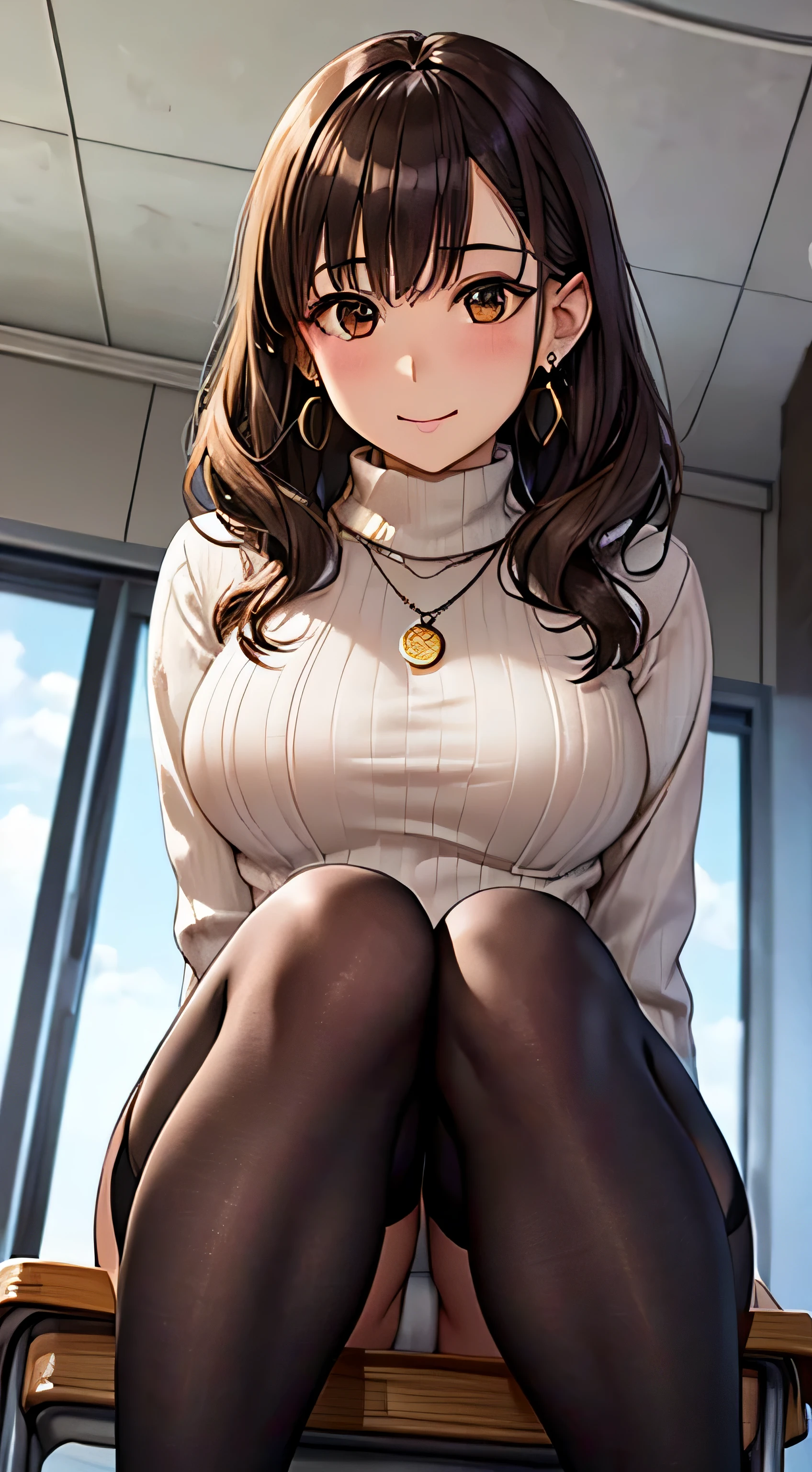 (table top, highest quality, High resolution, , perfect pixel, 4k,), 1 girl, single, alone, Beautiful woman、I could see the whole body、 ((wavy mid-length hair, bangs, brown hair)), ((brown eyes, beautiful eyelashes, realistic eyes)), ((detailed face, blush:1.2)), ((smooth texture:0.75, realistic texture:0.65, realistic:1.1, Anime CG style)), medium breasts, dynamic angle, perfect body, ((, female teacher, , earrings、necklace、turtleneck sweater、open both knees、、black knee high stockings、open both legs wide、、shy smile、sit at a desk in the classroom、emphasize the chest)), Upper grade、、、evening、、(White and light blue lace panties are visible、、(、)、angle from below)、