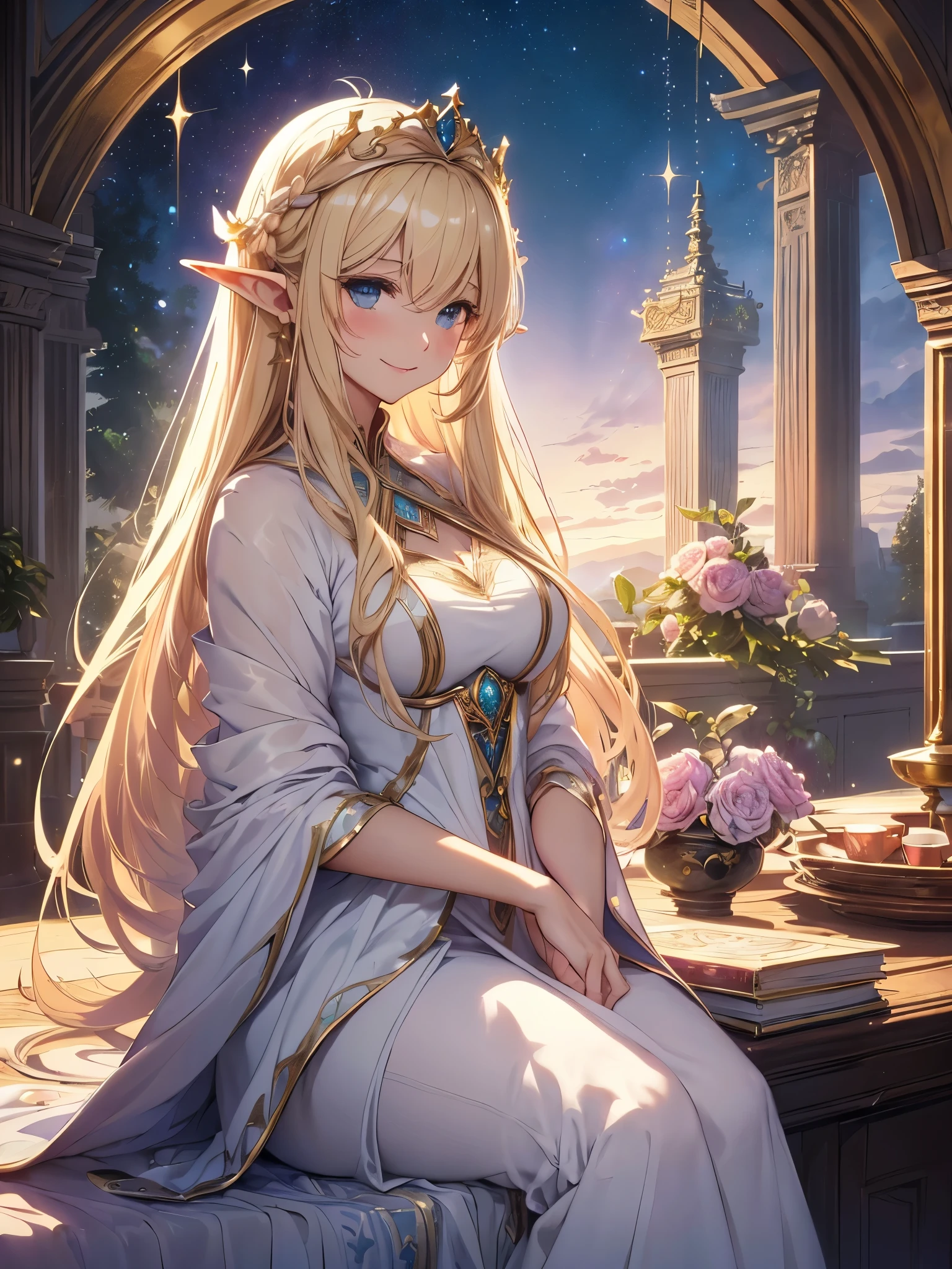 highest quality、Highest image quality、masterpiece、beautiful profile、、Titania、Super beautiful elf beauty((22 years old OL big bust、bust 90,beautiful long ironed hair、blonde、Height: 165cm。slender、sexy、Esbian、beautiful tiara、night、High quality、美しいart、background((starry ski)))muste piece、ビジュアルart、Depth of the bounds written、、elf ears、光のmagic、universe、A happy smile、gentle light、Elven Forest、tea、reading、elegant、ticker beautiful decorative、marble columnystical rosa、Rose、 the sky、beautiful dressy、beautiful dress、table、giant galaxy、myth、ART、Lord of the Ring、sexy、friendly smile、Fantastic、universeのmagic、Earth、magicの光、fantasy、flower、super REALITYたくさんのRose、magic、universeを飛ぶ、、Grow fantasy、、mysteryの光、Art nouveau、alphonse Mucha、、art、art,mystery,UHD,magicalgentle light,sexy