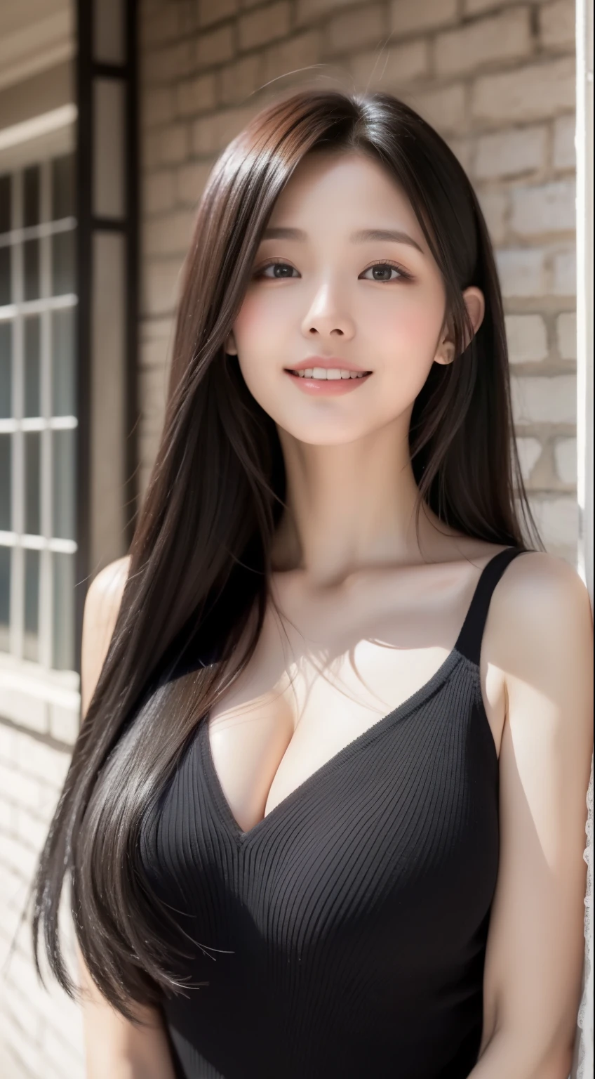 perfect figure beautiful woman：1.4，Layered Hair Style，Protruding cleavage，Black two-dimensional clothing：1.5，Highly Detailed Face and Skin Textur，ssmile, double eyelid，Whiten the skin，long straight hair，Beautiful woman standing on the balcony of the castle