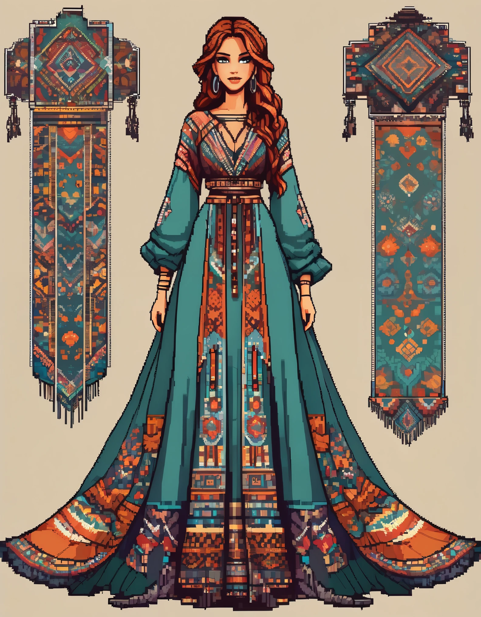 in style of Pixel art, a dress, full body, beautiful detailed,in style of Boho fashion design ,