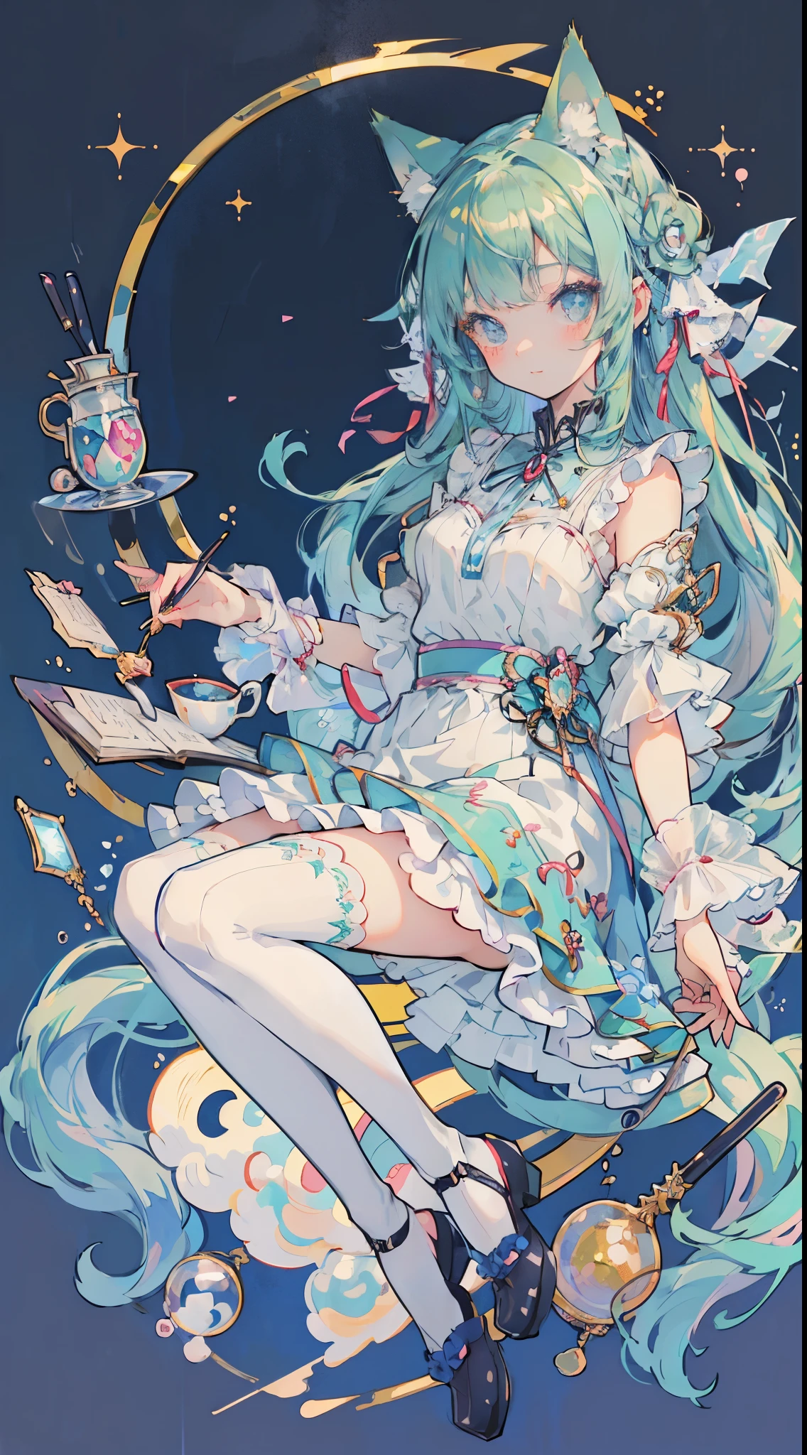 ((table top, highest quality: 1.1), ((Anime girl in a blue dress with a magic wand)), art nouveau、Anime cat girl wearing a maid costume, , ((Green hairs))、long haired person、((Eyes that shine like jewels, long eyelashes, and a sense of transparency))、Very Beautiful Anime cat girl, アニメcat girl, ((white knee highs)), 魅力的なcat girl, I&#39;m at the candy store,Inspired by Leiko Ikemura, Aya Takano color style, in ryuuou no oshigoto art style, cat girl, Character you admire, rei hiroe、Smiling