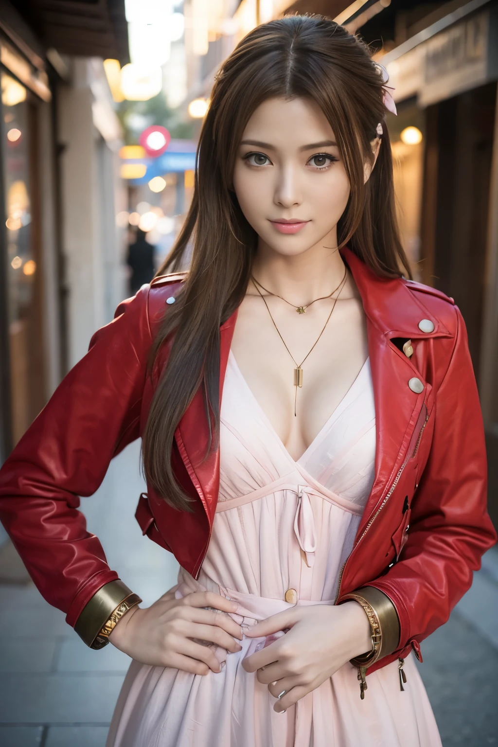 masterpiece、1 beautiful girl、fine eyes、smile,puffy eyes、highest quality, 超High resolution, (reality: 1.4), movie lighting、super beautiful、beautiful skin、body facing forward、Upper body,close up of face,(超reality的な)、(High resolution)、(8k)、(very detailed)、(美しくfine eyes)、(Super detailed)、 (wall-)、detailed face、bright lighting、professional lighting、looking at the viewer、look straight ahead、斜めの前hair、完璧なcosplay,highest quality,masterpiece,8k wallpaper,disorganized, High resolution, super detailed, (ung beautiful girl, alone:1.1),Aerith Gainsbourg \(cosplay\),red_Jacket, necklace,Brown_hair,length_hair,bracelet,pink_dress,hair_ribbon,put your hand on your waist,terrace