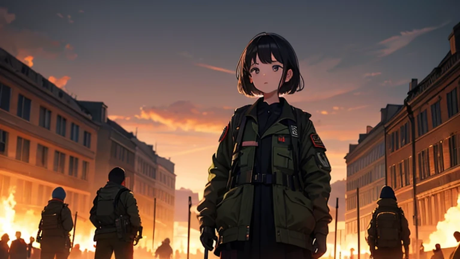 doomsday scenario, first place girl, that girl stands in the center of the field of view, Behind the girl is a sea of fire, The ancient city is burning, that girl is very tired, girl covered in blood, that girl had burn marks in many places, Girls of the early 20th century world, There are shadows of bombers in the sky, able'Didn't see the bomber'uniform, that girl'The clothes are a bit shabby, girl in black military uniform, chiaroscuro, movie lighting, image fill, ultra high definition, masterpiece, precise, high resolution, 16K