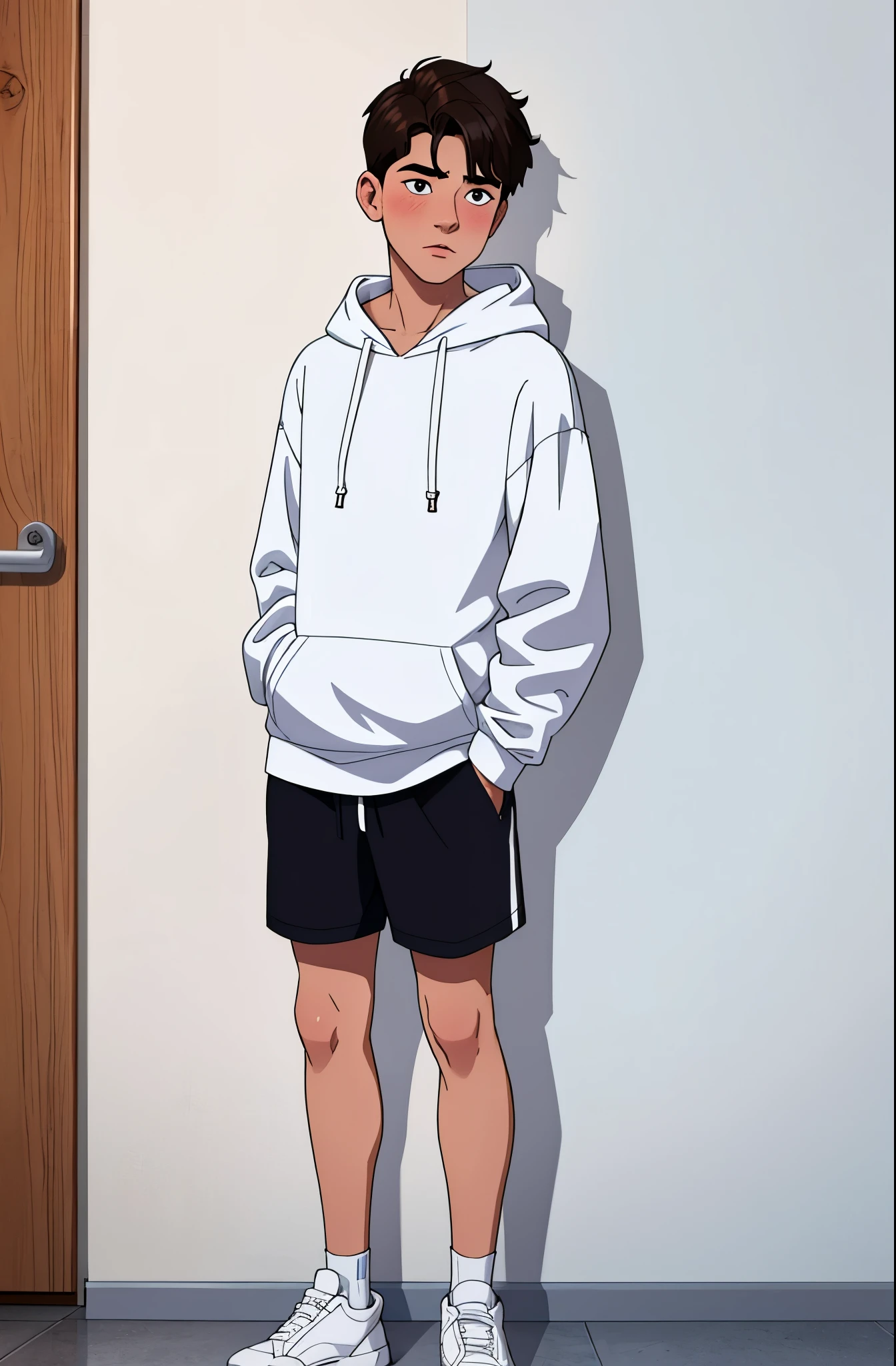 handsome 18 year old boy, wearing white hoodie, shorts, 8k resolution, full body, blush, White skin, detailed face, flushed face, standing, looking to the side