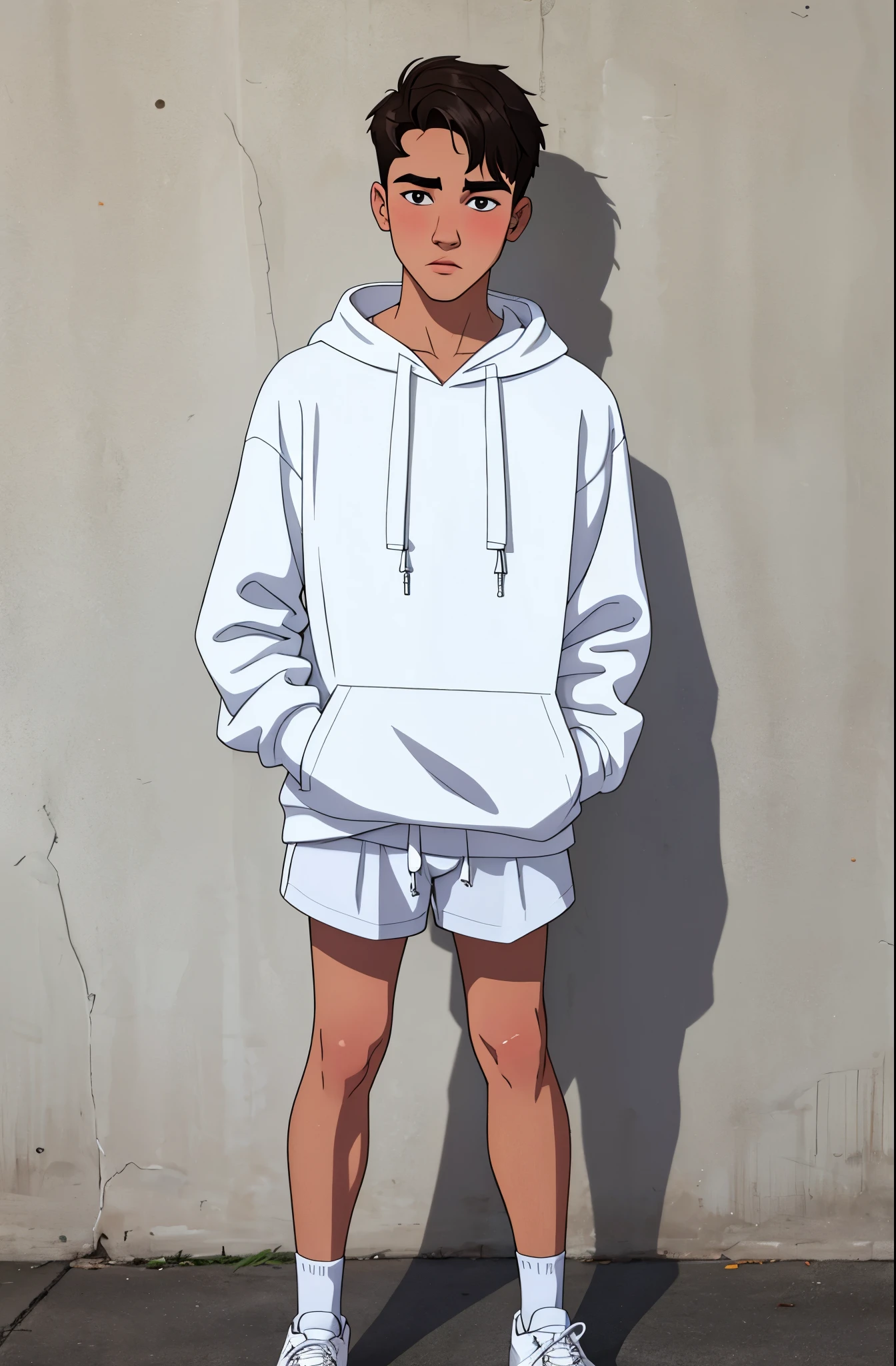 handsome 18 year old boy, wearing white hoodie, shorts, 8k resolution, full body, blush, White skin, detailed face, flushed face, standing, looking to the side