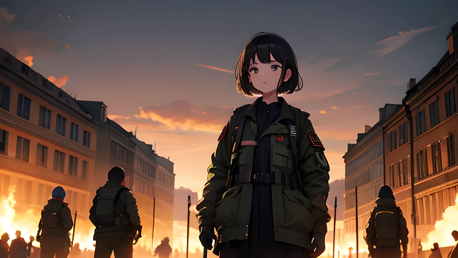 doomsday scenario, first place girl, that girl stands in the center of the field of view, Behind the girl is a sea of fire, The ancient city is burning, that girl is very tired, girl covered in blood, that girl had burn marks in many places, Girls of the early 20th century world, There are shadows of bombers in the sky, able&#39;Didn&#39;t see the bomber&#39;uniform, that girl&#39;The clothes are a bit shabby, girl in black military uniform, chiaroscuro, movie lighting, image fill, ultra high definition, masterpiece, precise, high resolution, 16K