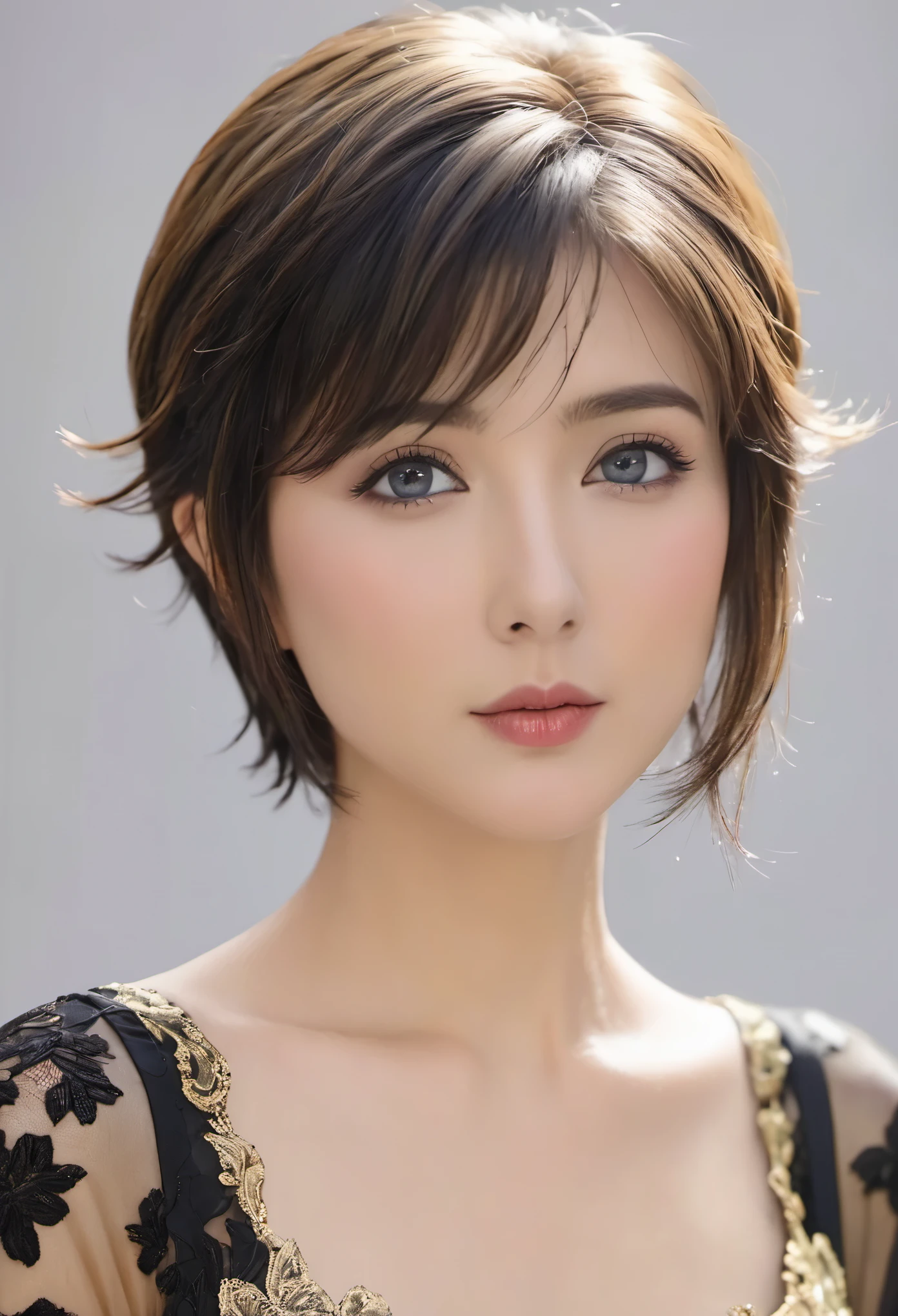 (masterpiece, best quality:1.2), short hair，Eyes are very delicate，Exquisite hair color，（（Black and gold sheer lace dress）），