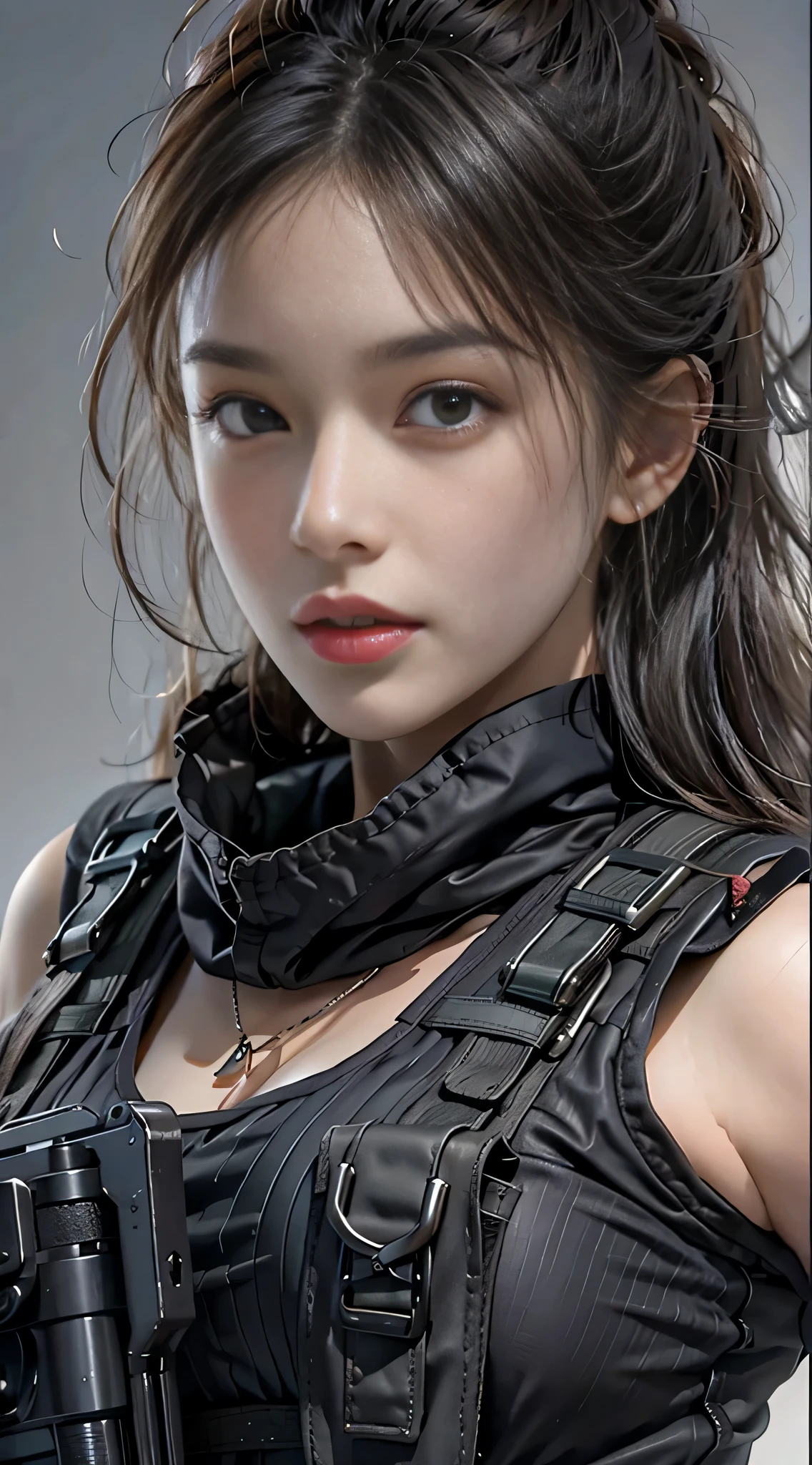 Photorealistic, High resolution, 1womanl, Solo, Sexy, hips up high, view the viewer, (Detailed face), SWAT Vest, gun, Jewelry,