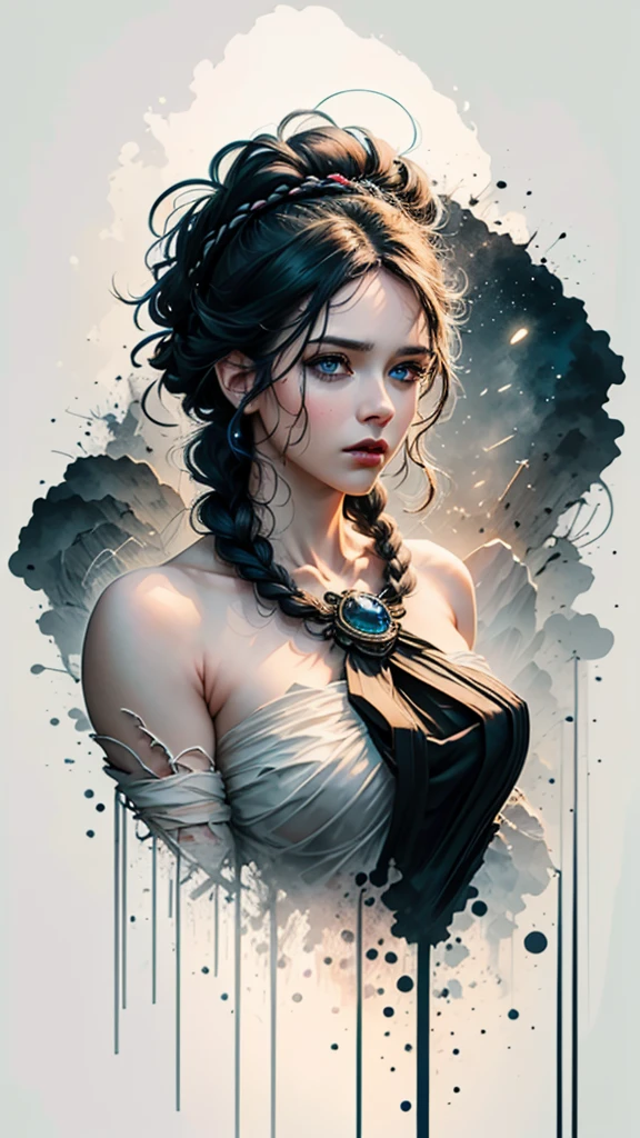fantasy image, winter, harsh landscape, 1woman warrior (aged 40+) (age 1.5), angry, screaming, covered in blood (blood 1.6) attacking with axe, mix4, (full body image),(8k, RAW photo, best quality, masterpiece: 1.45), (realistic, photorealistic: 1.37), snow, professional lighting, photons mapping, radiosity, physically based rendering, gradient black hair, gray hair, short curly hair, braided hair, handsome, armor, pale skin, top quality photo, high res, 1080p, (clear face), (detailed face description), (detailed hand description), (masterpiece), (exquisite CG), extreme light and shadow, disheveled hair, master work, rich details, (fine facial features), (highest quality photo), (masterpiece), (detailed eyes), (blue eyes), look in front of you eyes, fine clavicle, dark, mystical scandinavian (misty 1.9), dark, moody, stylized, white background with one color ink stains, art by Alternity77,