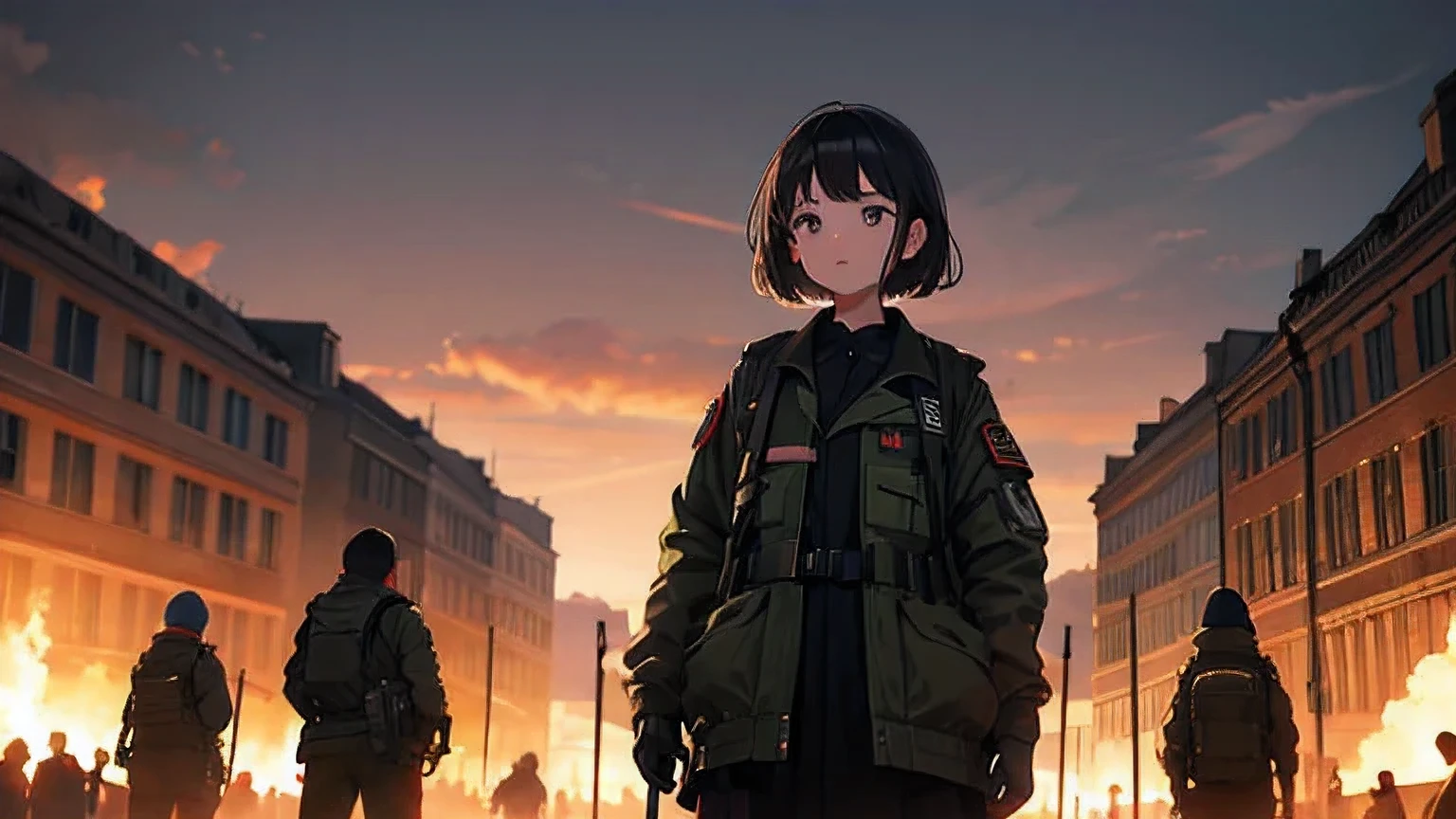 doomsday scenario, first place girl, that girl stands in the center of the field of view, Behind the girl is a sea of fire, The ancient city is burning, that girl is very tired, girl covered in blood, that girl had burn marks in many places, Girls of the early 20th century world, There are shadows of bombers in the sky, able&#39;Didn&#39;t see the bomber&#39;uniform, that girl&#39;The clothes are a bit shabby, girl in black military uniform, chiaroscuro, movie lighting, image fill, ultra high definition, masterpiece, precise, high resolution, 16K
