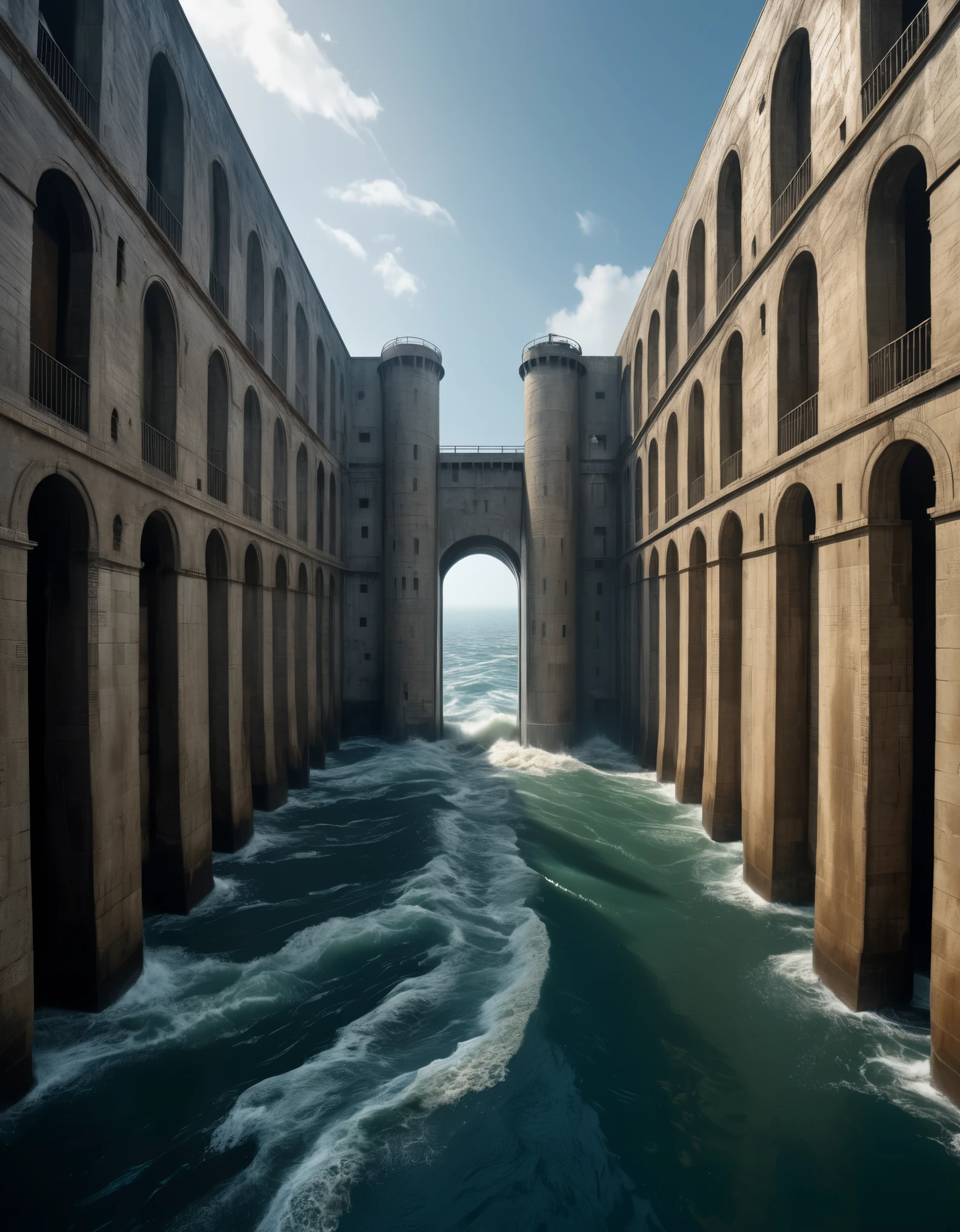 there is a concrete structure in the middle of the ocean, ([Azkaban-prison]) flooded (3-sided tower), wall of water either side, flooded ancient tower, built around ocean, totalitarian prison island, dramatic sci-fi movie still, imax movie still, single flooded tower, , in a denis villeneuve movie, dystopian setting, water running down the walls (detailed highres high quality high saturation)